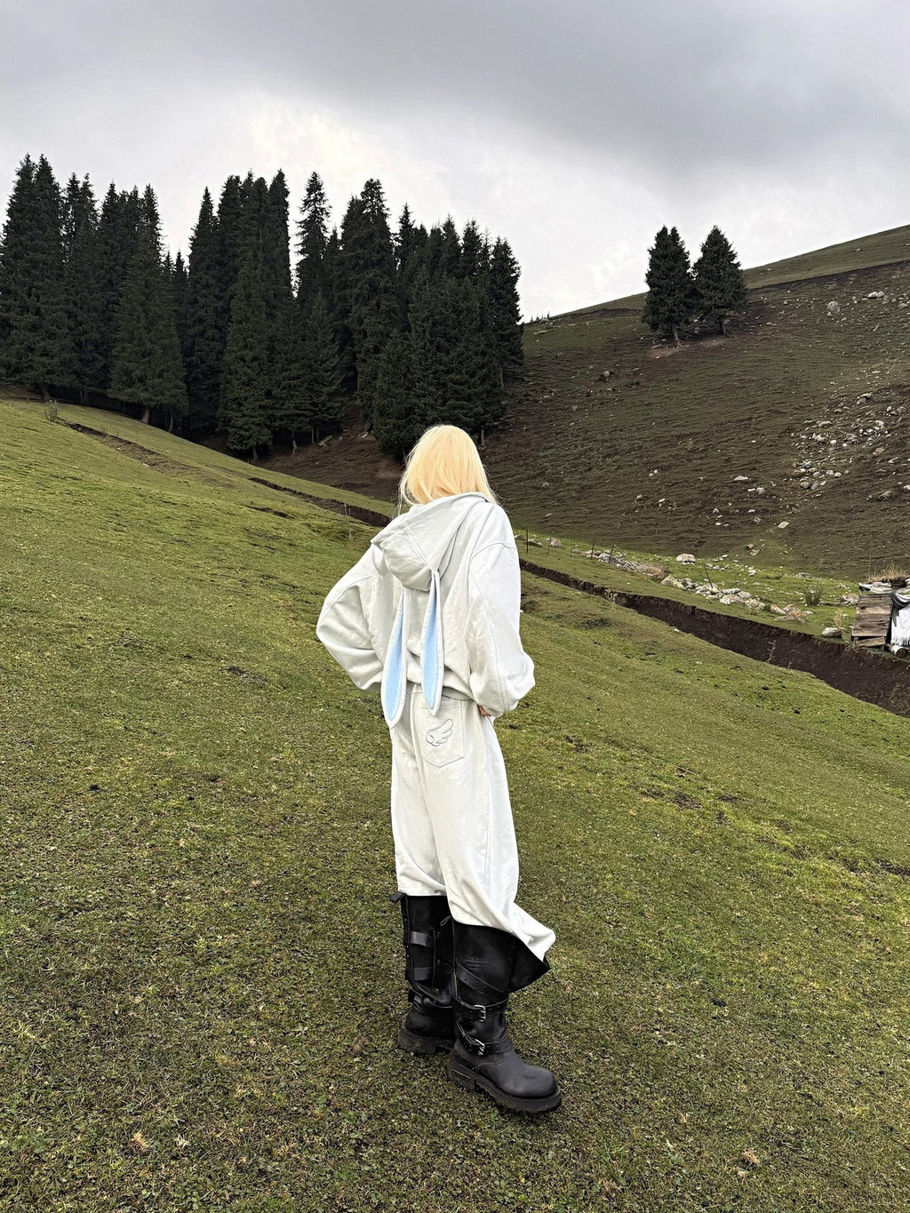 Rase le sol Bunny Ear Hooded Sweatshirt Wide Leg Loose Women's Tracksuit Sets