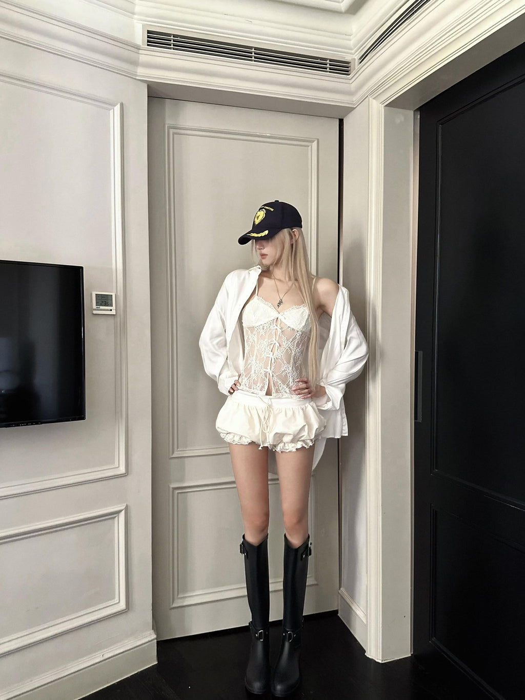 Rase le sol Butterfly Bow Lace Camisole Puff Shorts Women's Lace Matching Skirt Sets