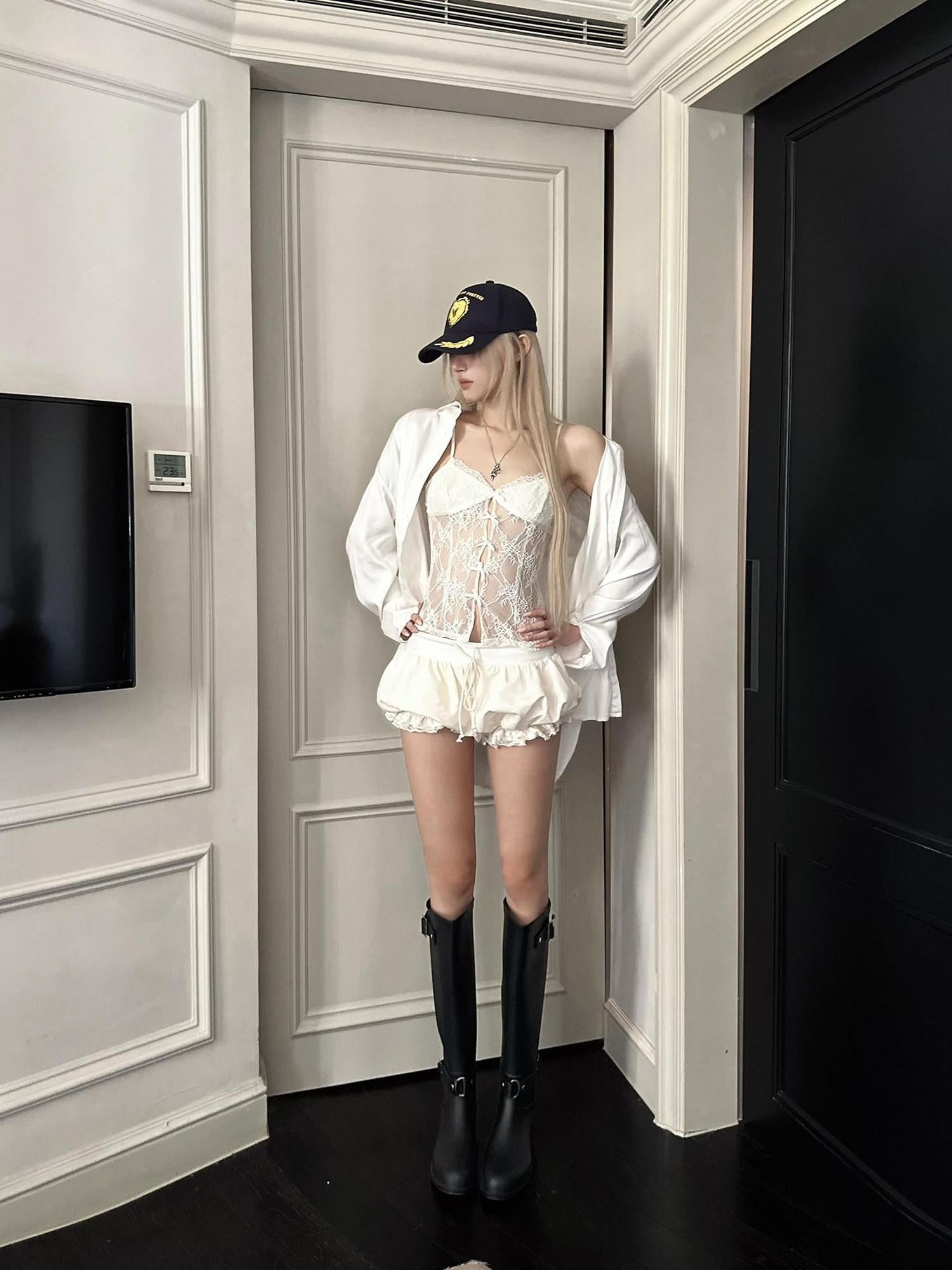 Rase le sol Butterfly Bow Lace Camisole Puff Shorts Women's Lace Matching Skirt Sets