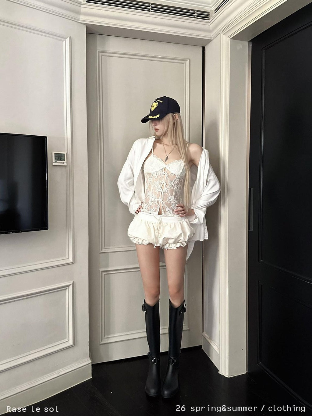Rase le sol Butterfly Bow Lace Camisole Puff Shorts Women's Lace Matching Skirt Sets