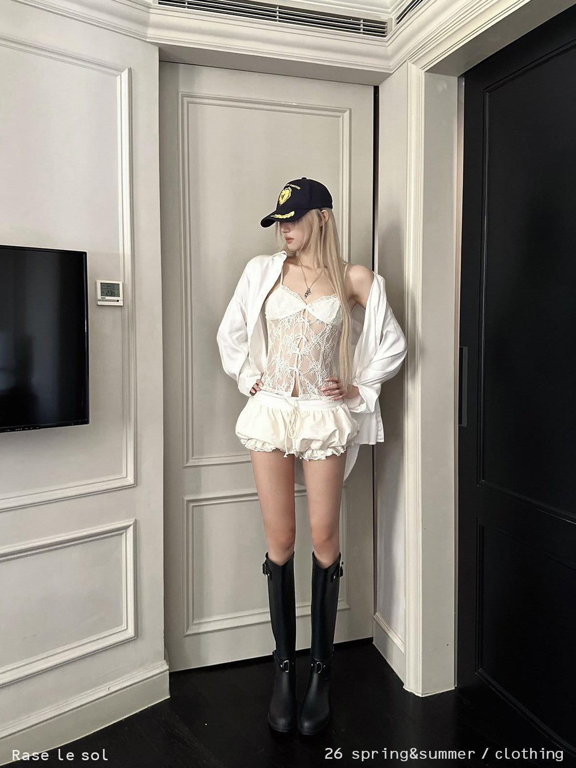 Rase le sol Butterfly Bow Lace Camisole Puff Shorts Women's Lace Matching Skirt Sets