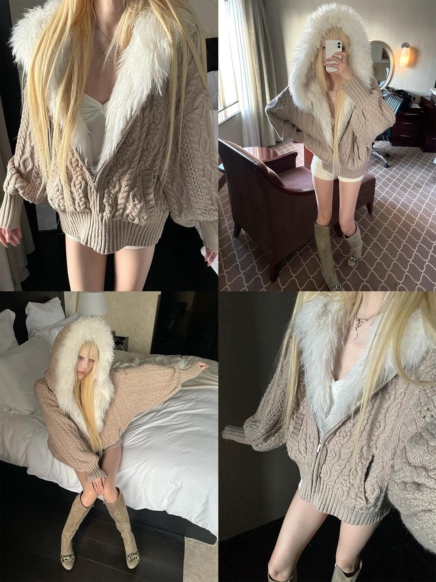 Rase le sol Cable Knit Hooded Fur Collar Women's Fleece Lined Puffer Jackets