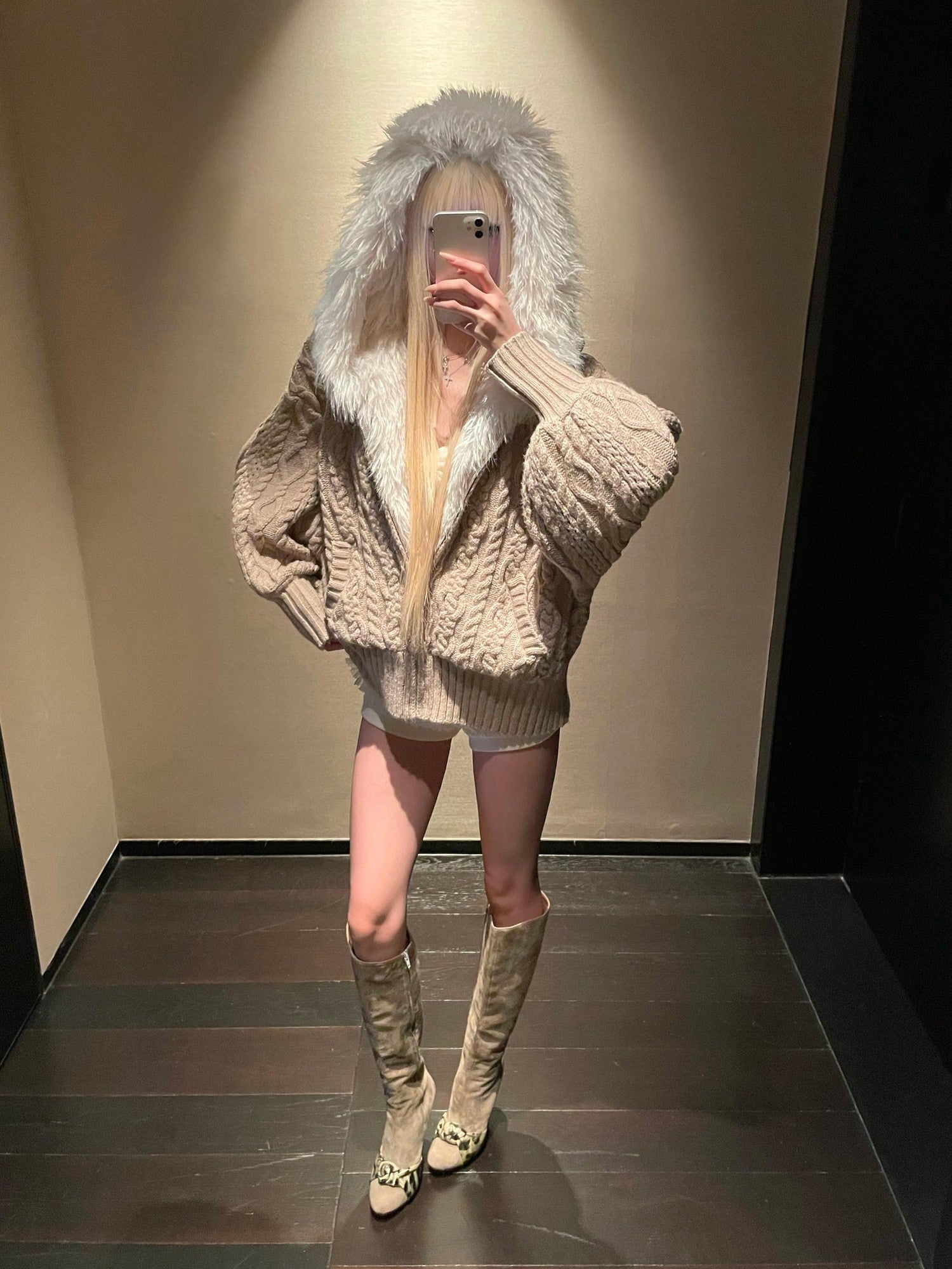 Rase le sol Cable Knit Hooded Fur Collar Women's Fleece Lined Puffer Jackets