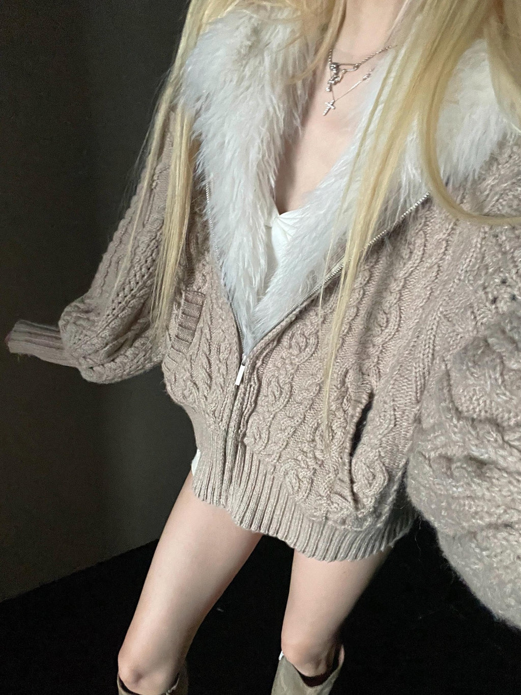 Rase le sol Cable Knit Hooded Fur Collar Women's Fleece Lined Puffer Jackets