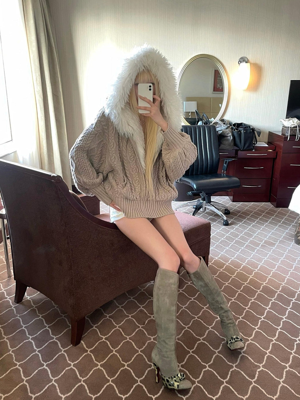 Rase le sol Cable Knit Hooded Fur Collar Women's Fleece Lined Puffer Jackets