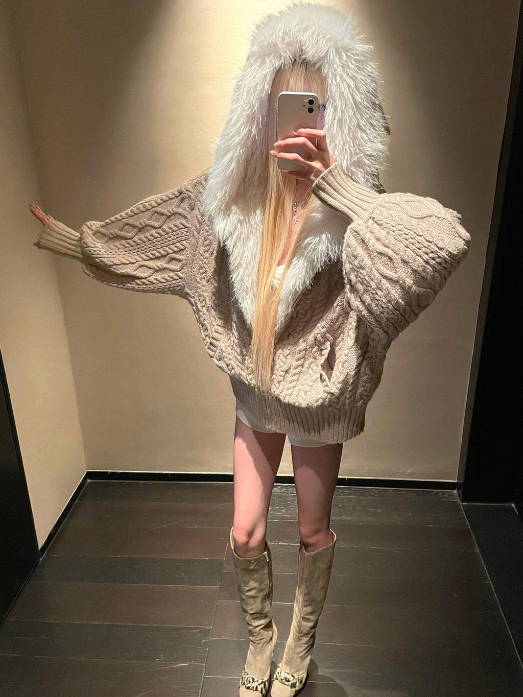 Rase le sol Cable Knit Hooded Fur Collar Women's Fleece Lined Puffer Jackets