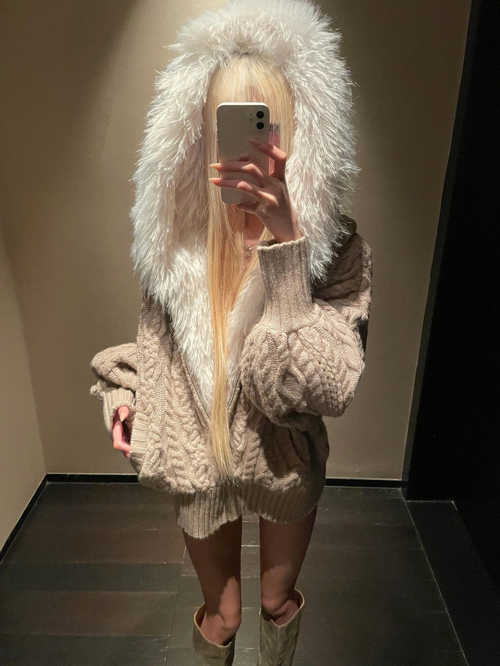 Rase le sol Cable Knit Hooded Fur Collar Women's Fleece Lined Puffer Jackets
