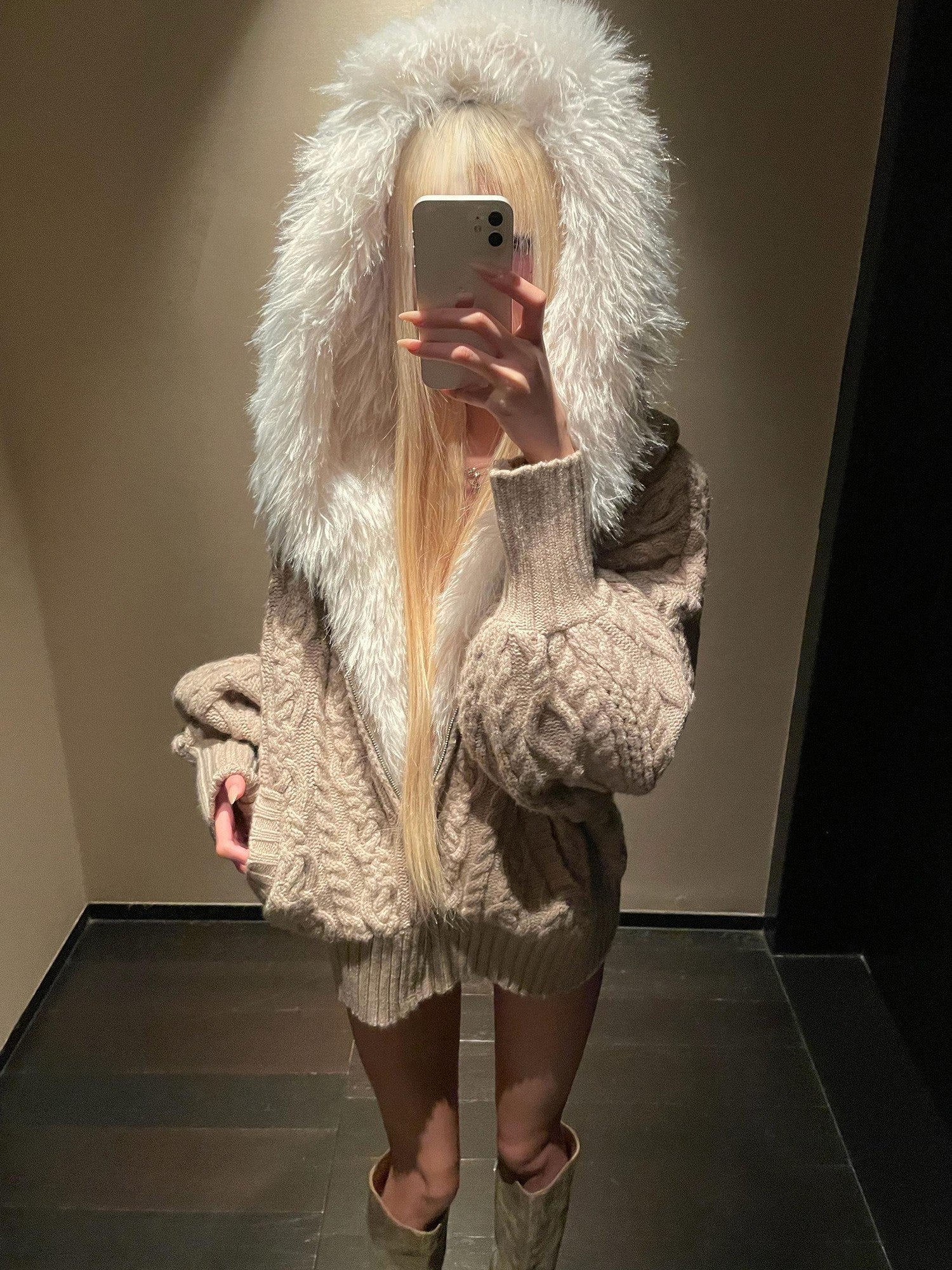 Rase le sol Cable Knit Hooded Fur Collar Women's Fleece Lined Puffer Jackets