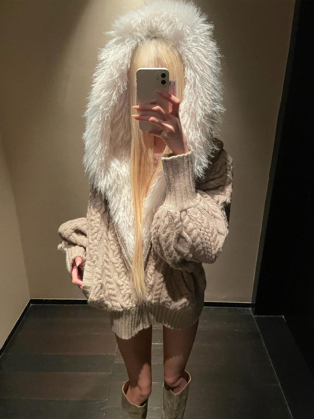 Rase le sol Cable Knit Hooded Fur Collar Women's Fleece Lined Puffer Jackets