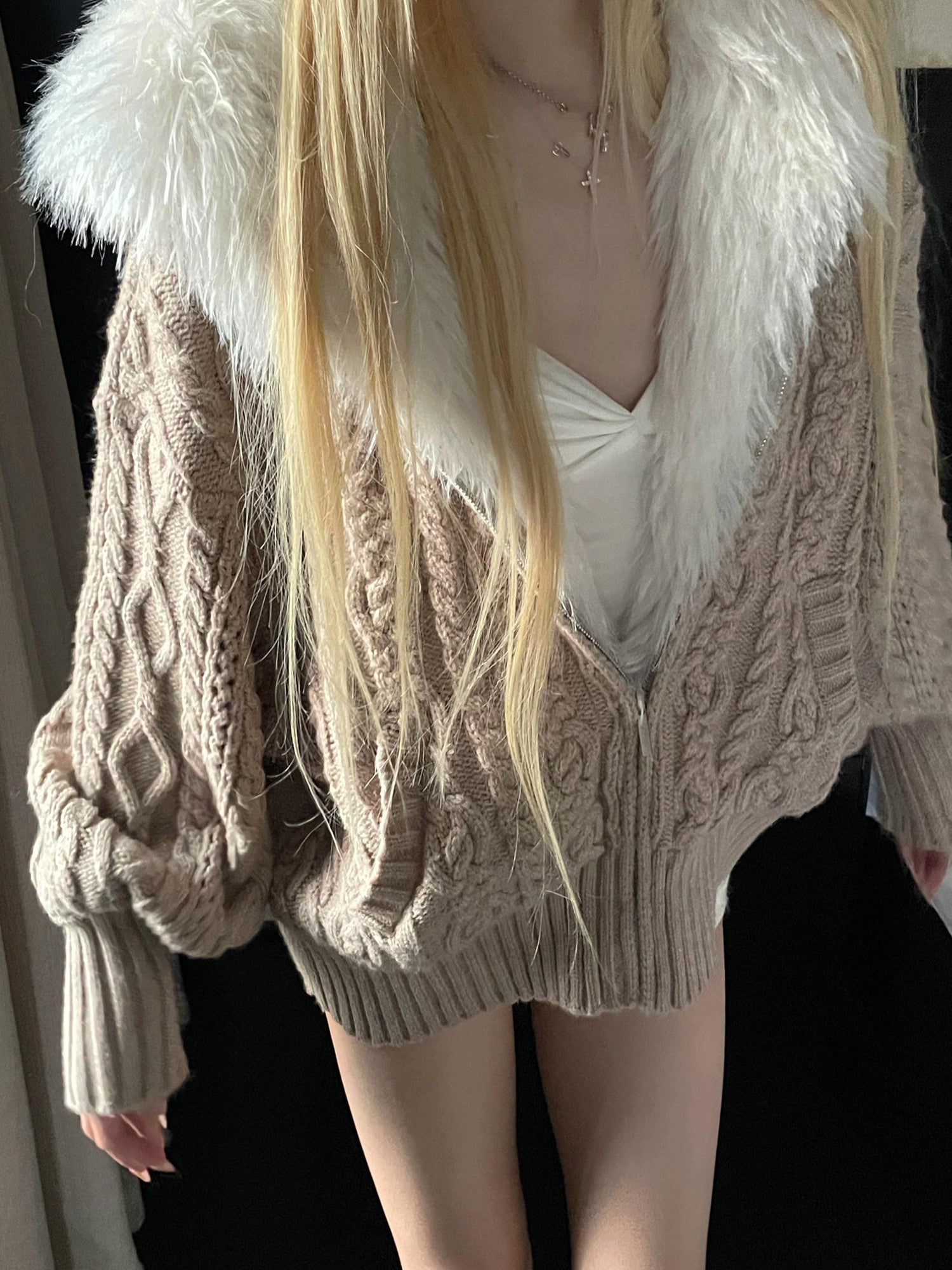Rase le sol Cable Knit Hooded Fur Collar Women's Fleece Lined Puffer Jackets