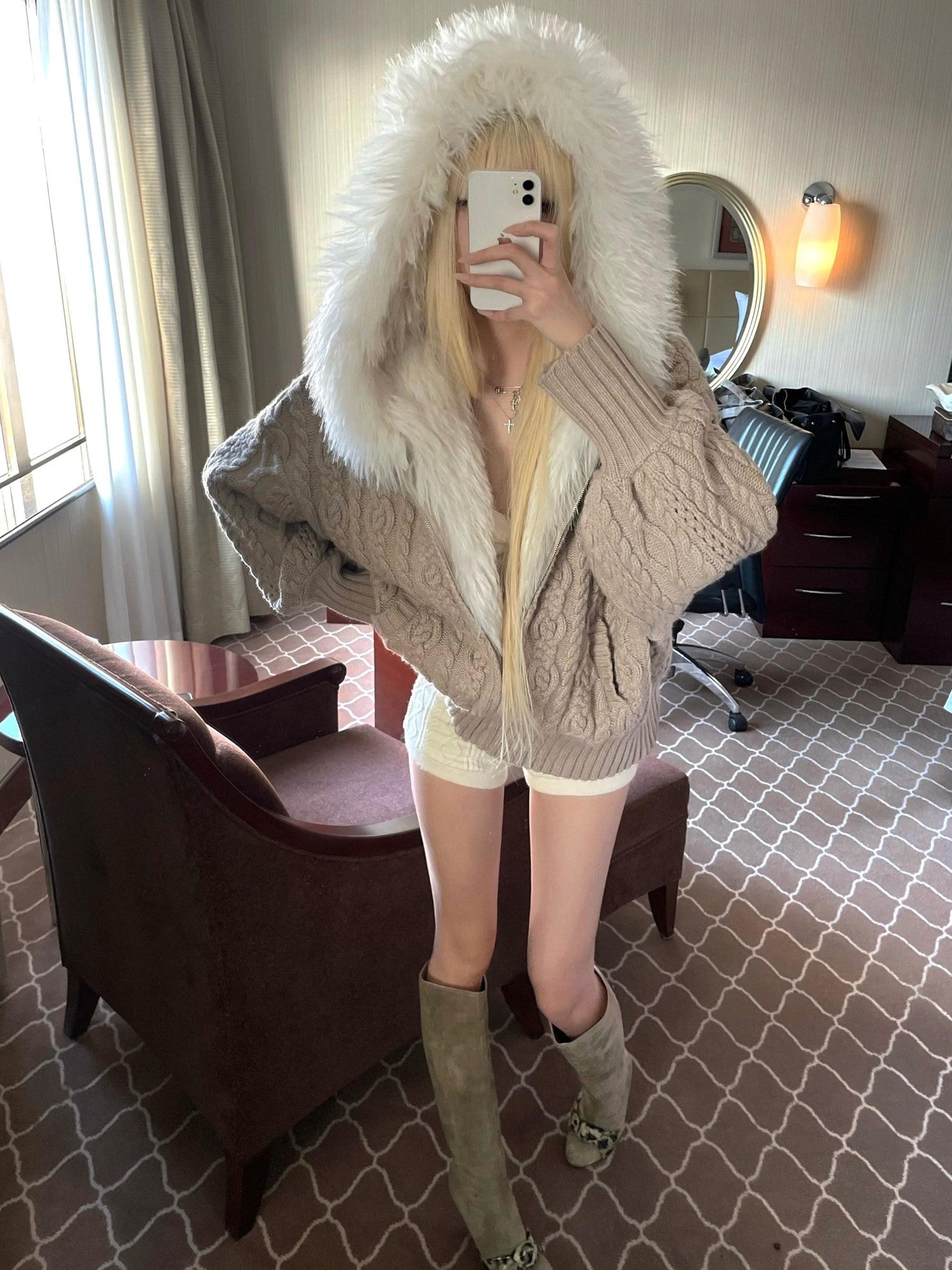 Rase le sol Cable Knit Hooded Fur Collar Women's Fleece Lined Puffer Jackets