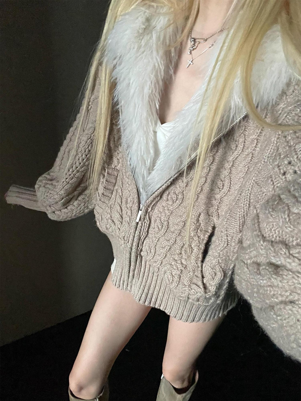 Rase le sol Cable Knit Hooded Fur Collar Women's Fleece Lined Puffer Jackets