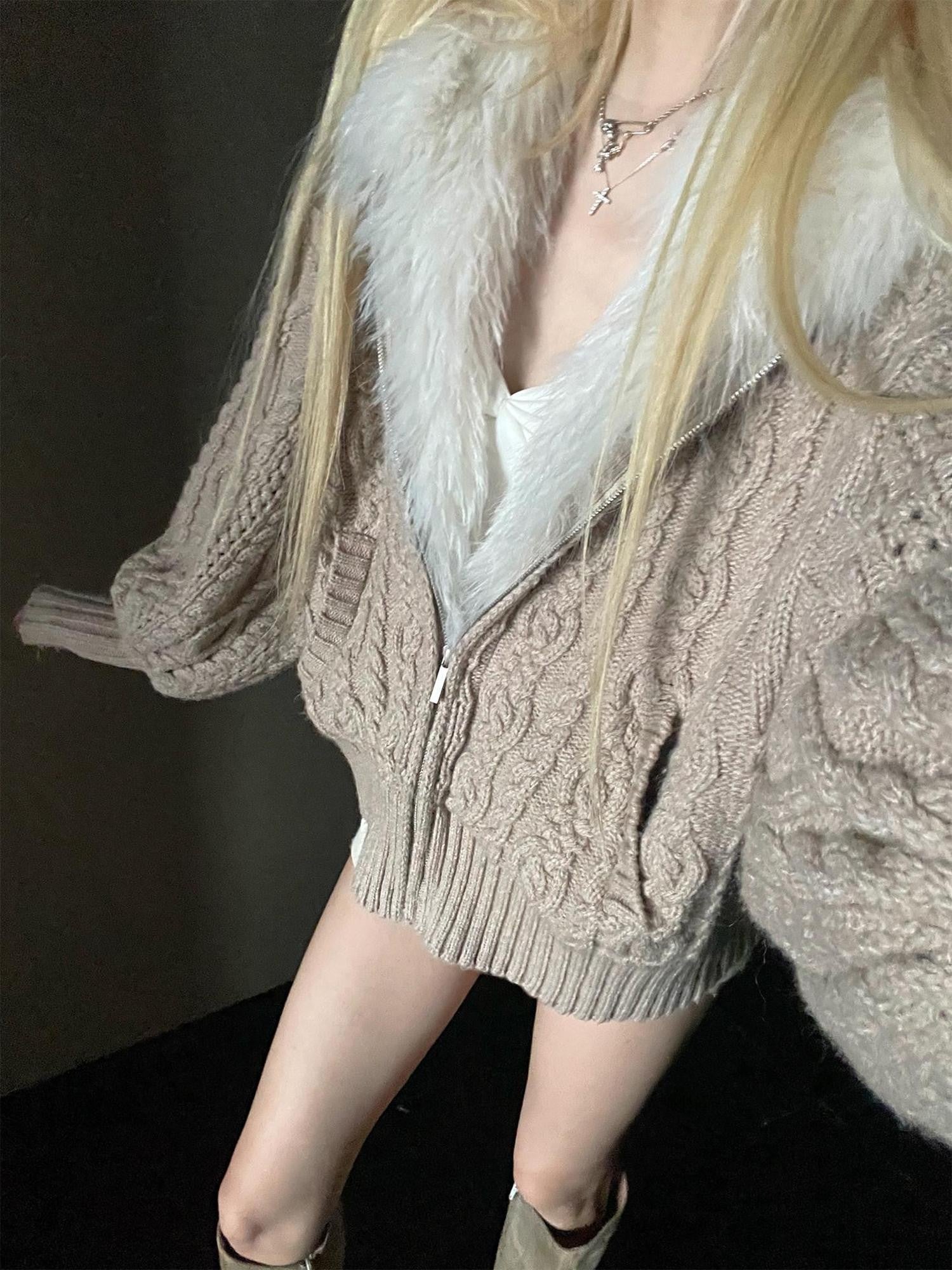 Rase le sol Cable Knit Hooded Fur Collar Women's Fleece Lined Puffer Jackets