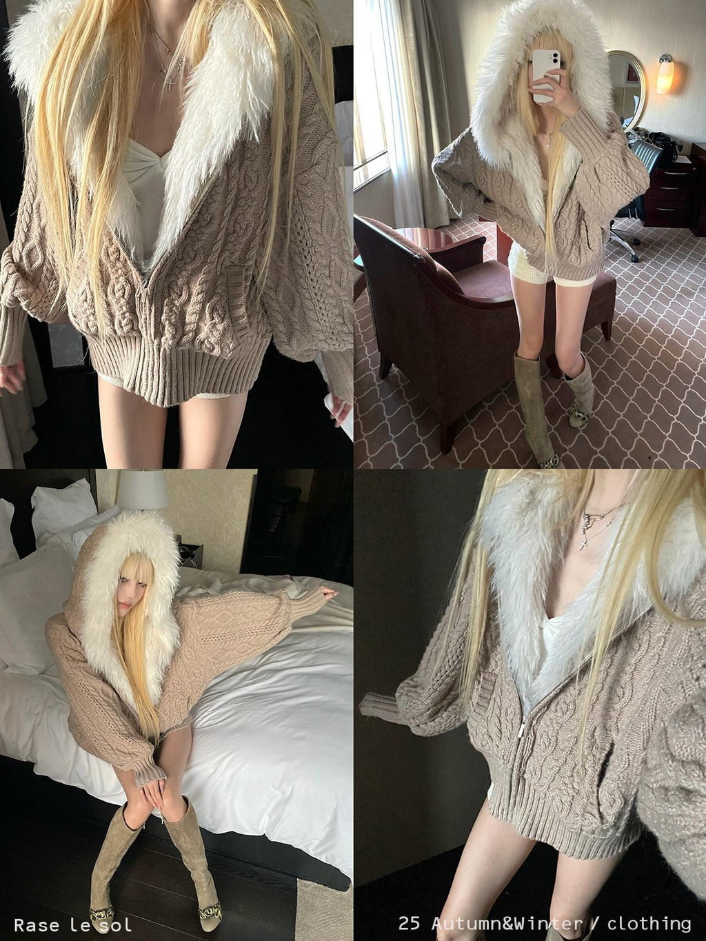 Rase le sol Cable Knit Hooded Fur Collar Women's Fleece Lined Puffer Jackets