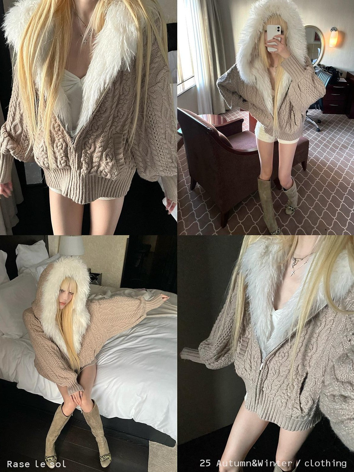 Rase le sol Cable Knit Hooded Fur Collar Women's Fleece Lined Puffer Jackets