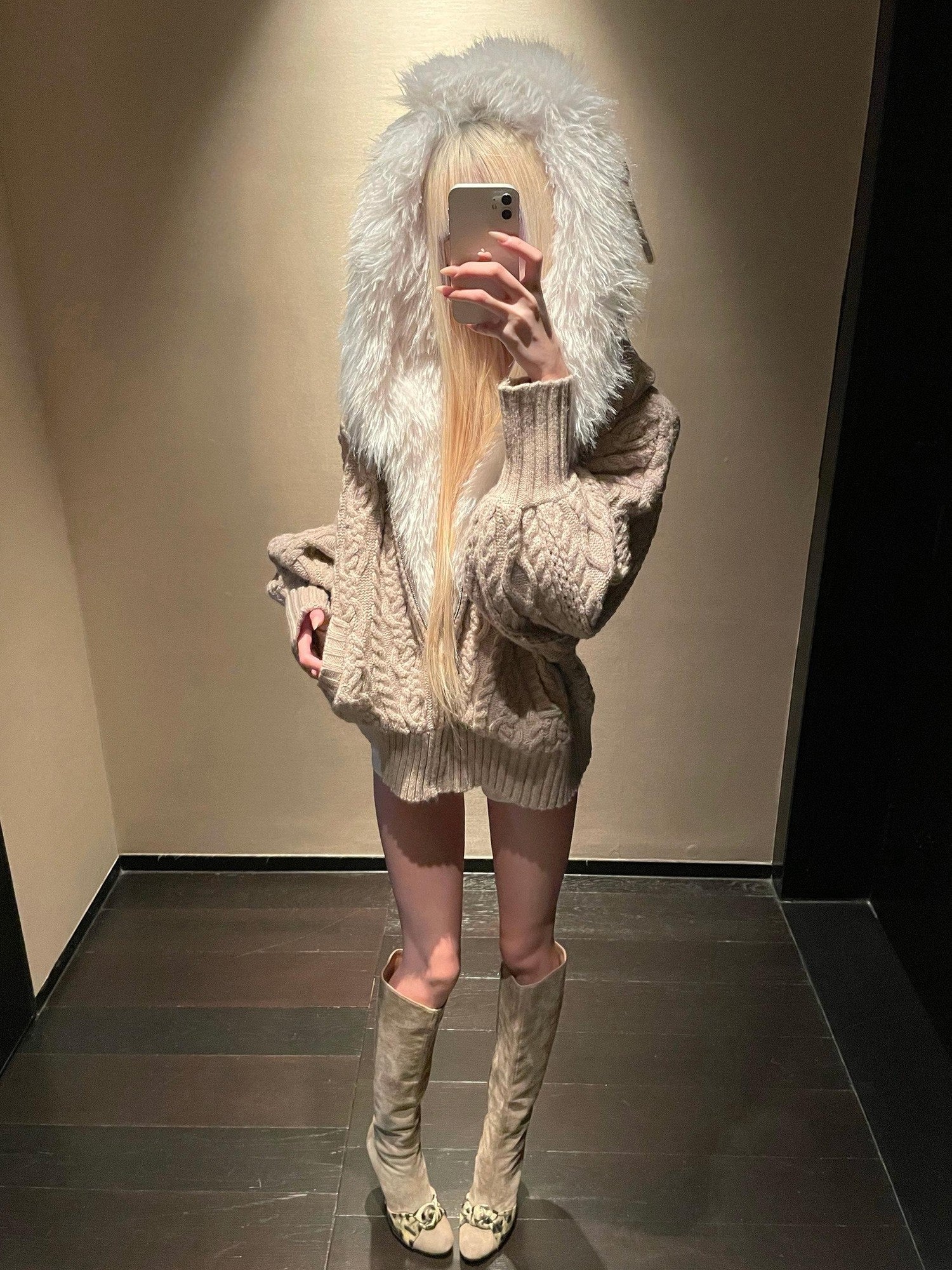 Rase le sol Cable Knit Hooded Fur Collar Women's Fleece Lined Puffer Jackets