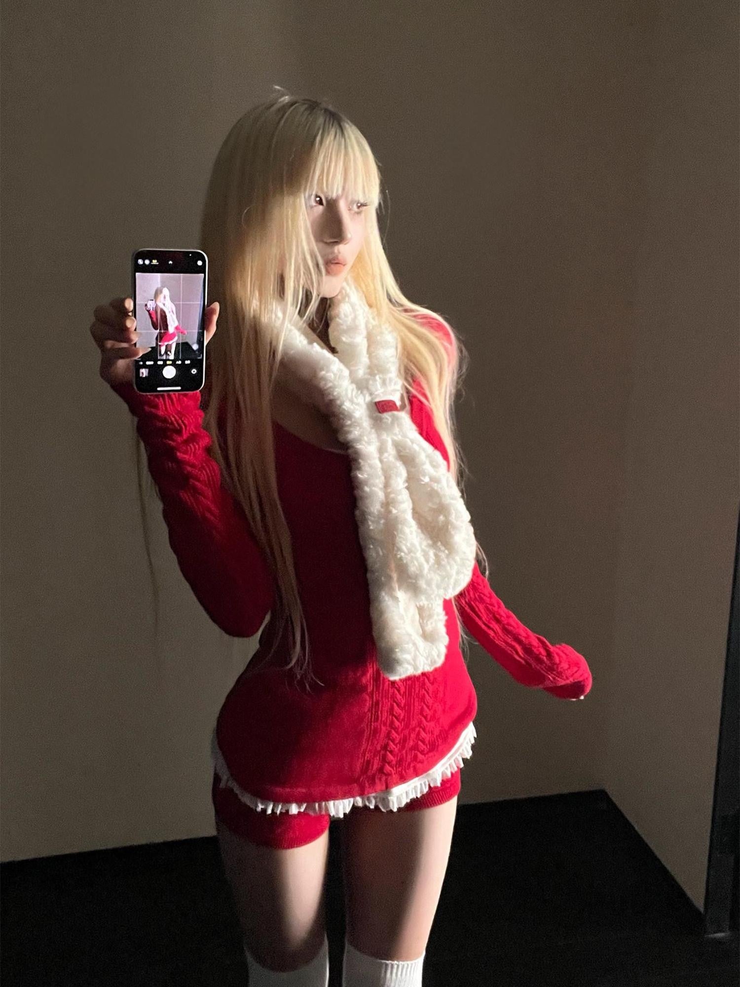 Rase le sol Cable Knit Sweater Lace Camisole Women's Knit Casual Top & Shorts Sets