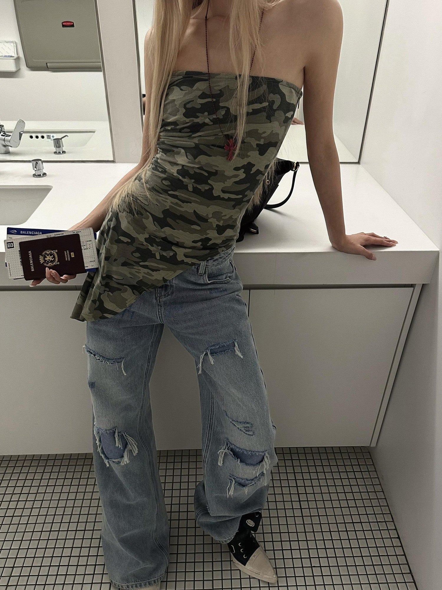 Rase le sol Camouflage Asymmetrical Hem Strapless Outerwear Women's Tube Tops