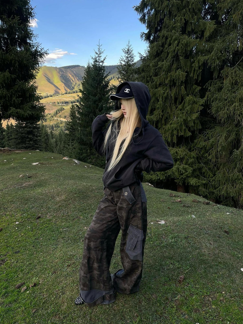 Rase le sol Camouflage Distressed Wide Leg Straight Women's Cotton Cargo Pants