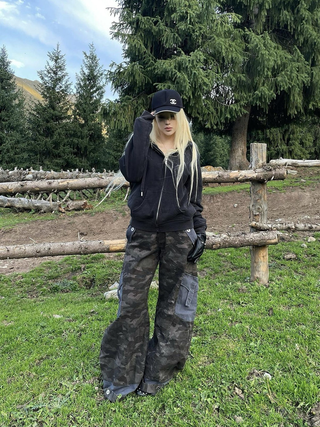 Rase le sol Camouflage Distressed Wide Leg Straight Women's Cotton Cargo Pants