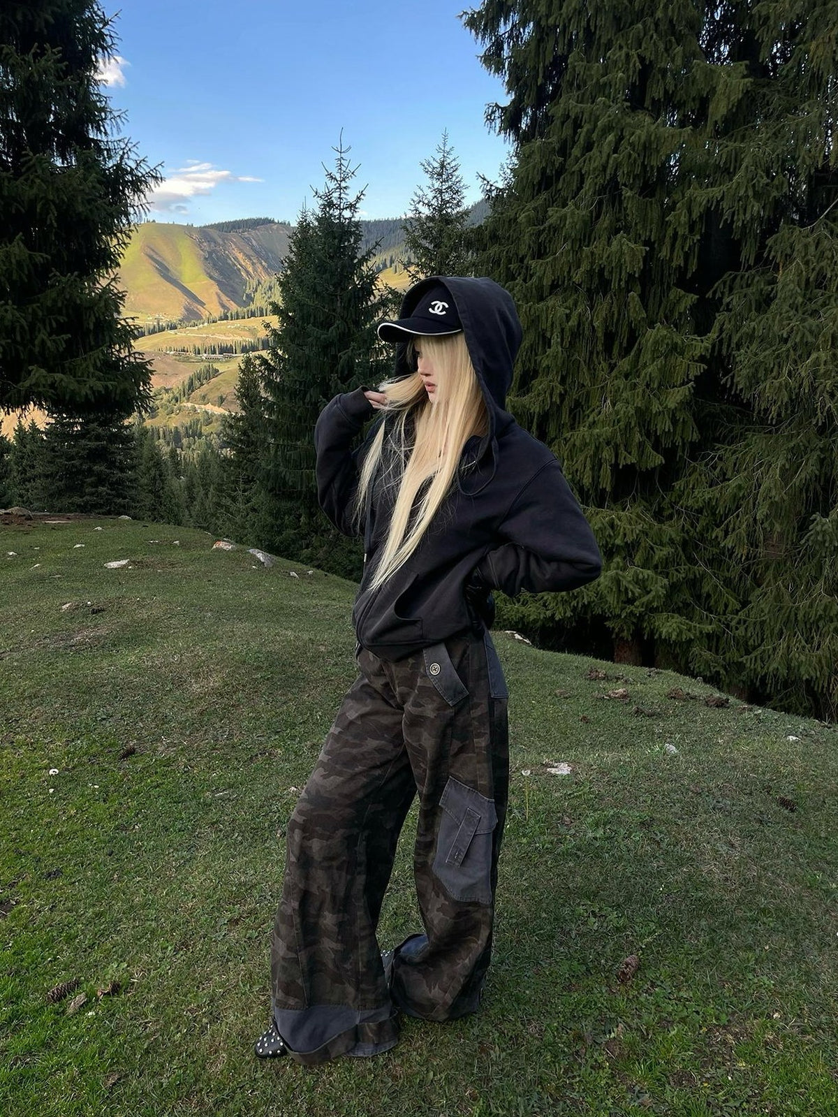 Rase le sol Camouflage Distressed Wide Leg Straight Women's Cotton Cargo Pants