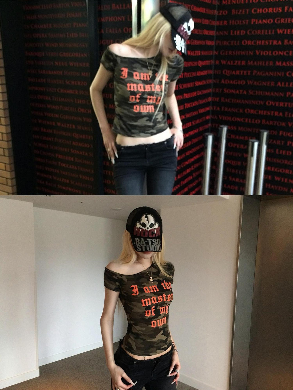 Rase le sol Camouflage Slanted Shoulder Slim Fit Cropped Women's Off-shoulder T-shirts