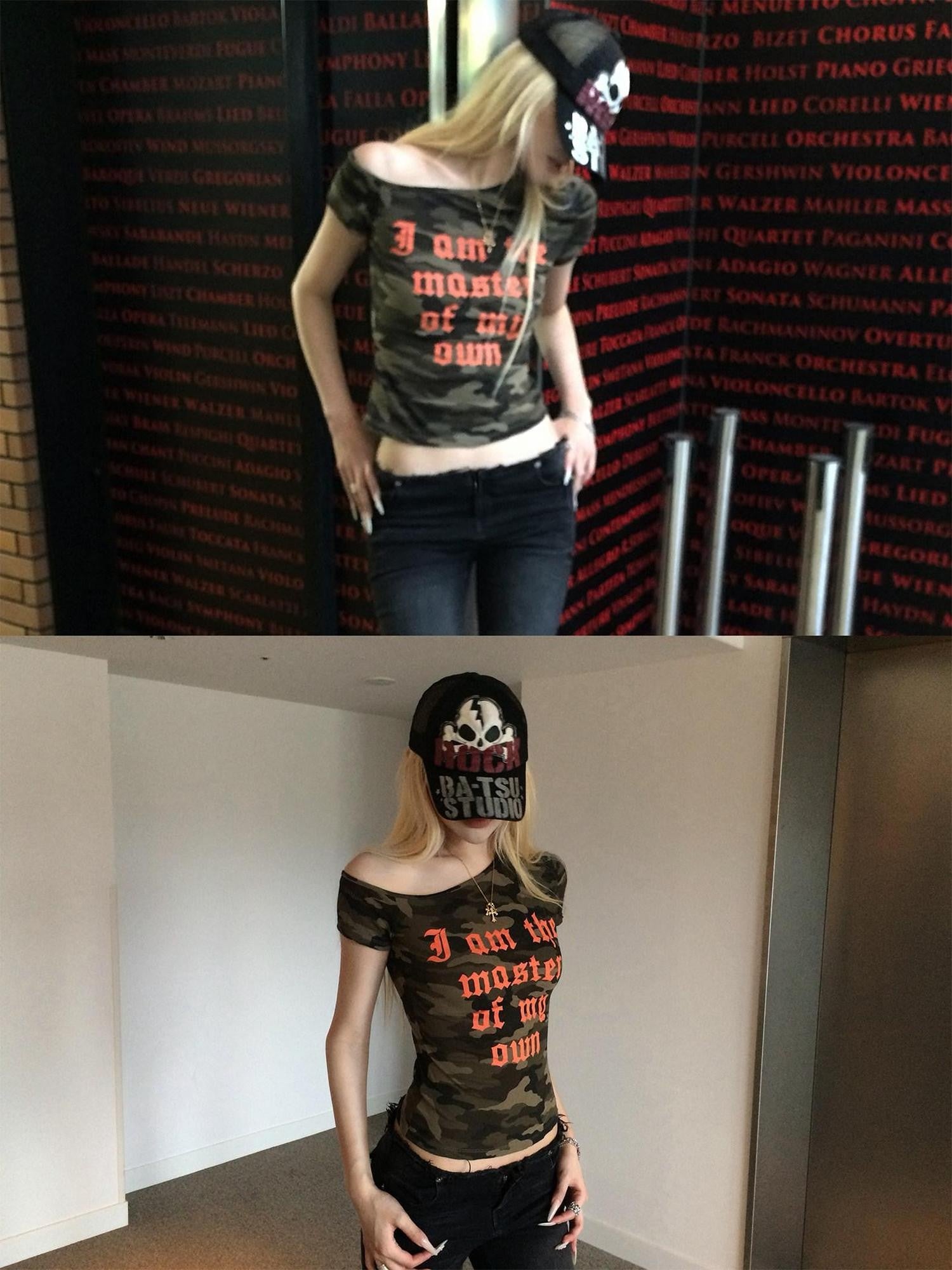 Rase le sol Camouflage Slanted Shoulder Slim Fit Cropped Women's Off-shoulder T-shirts