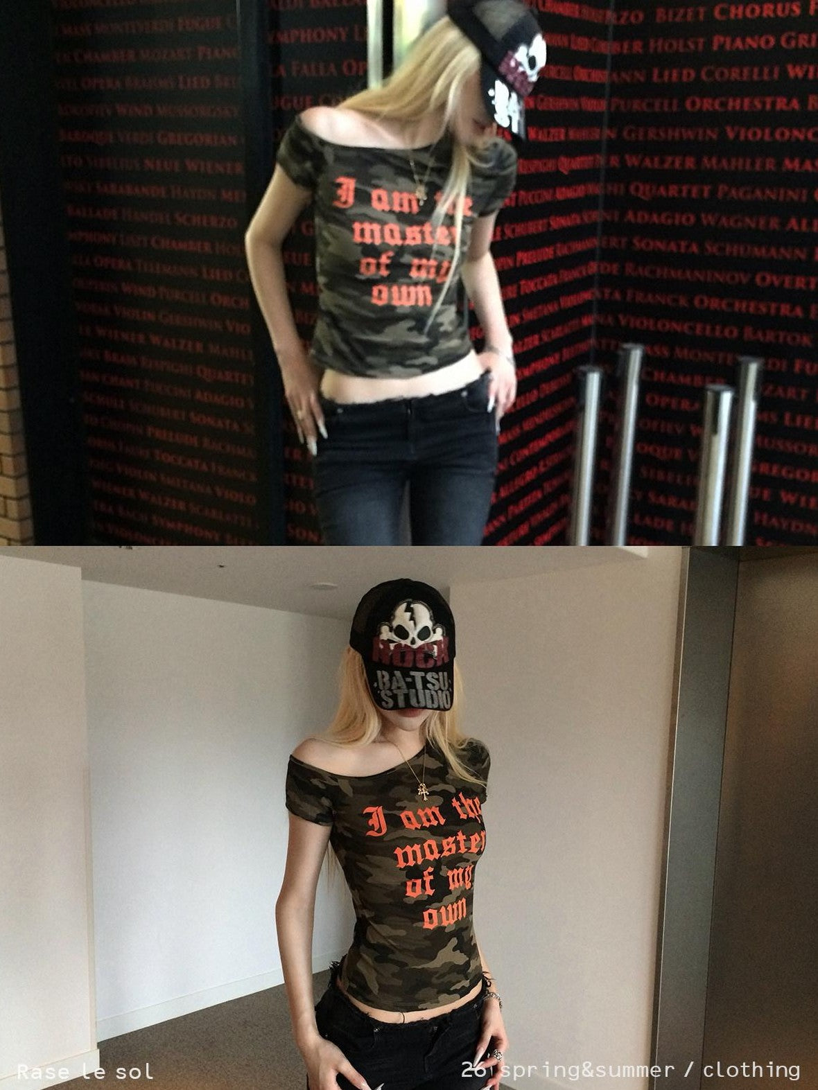 Rase le sol Camouflage Slanted Shoulder Slim Fit Cropped Women's Off-shoulder T-shirts