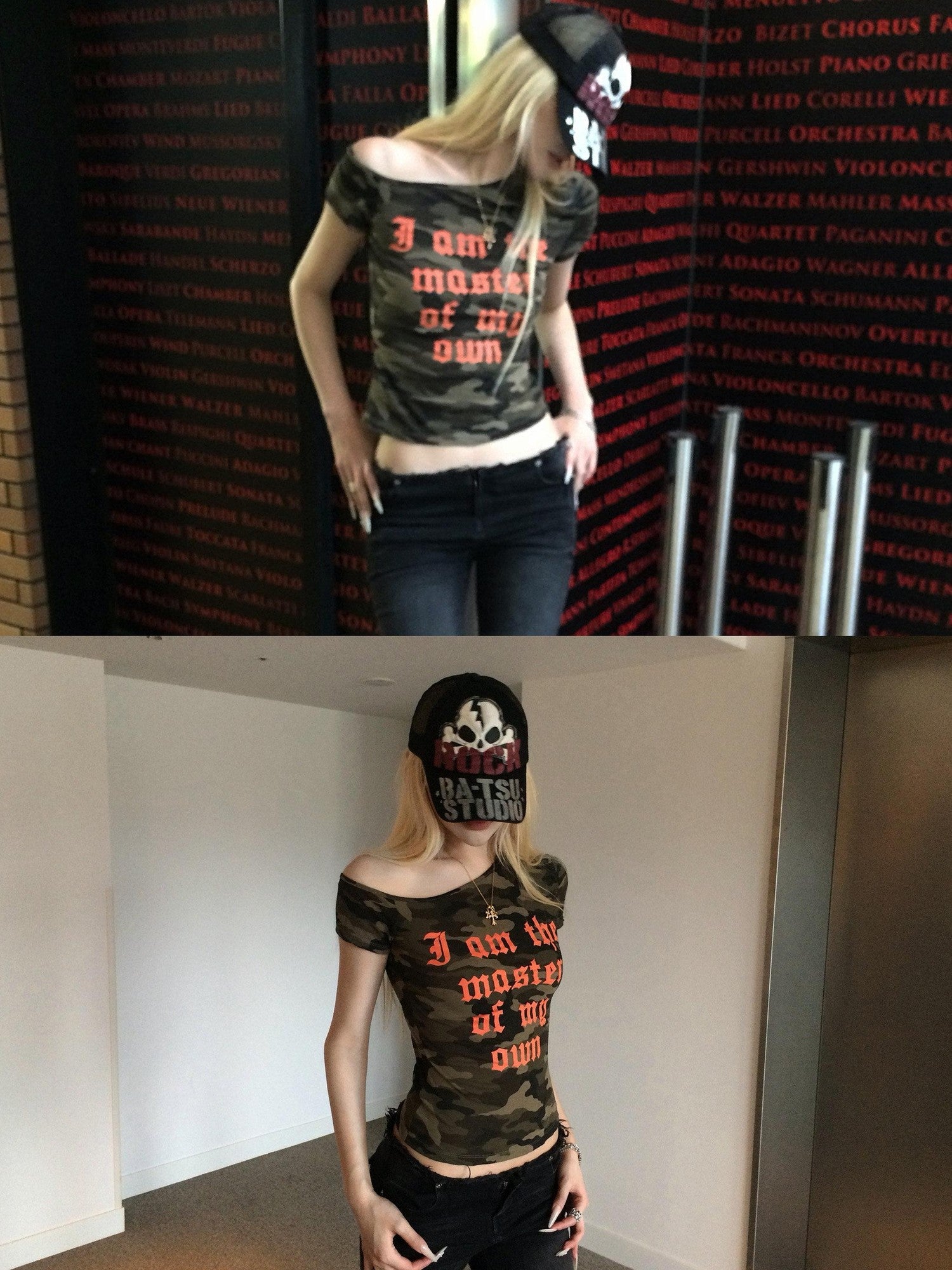 Rase le sol Camouflage Slanted Shoulder Slim Fit Cropped Women's Off-shoulder T-shirts