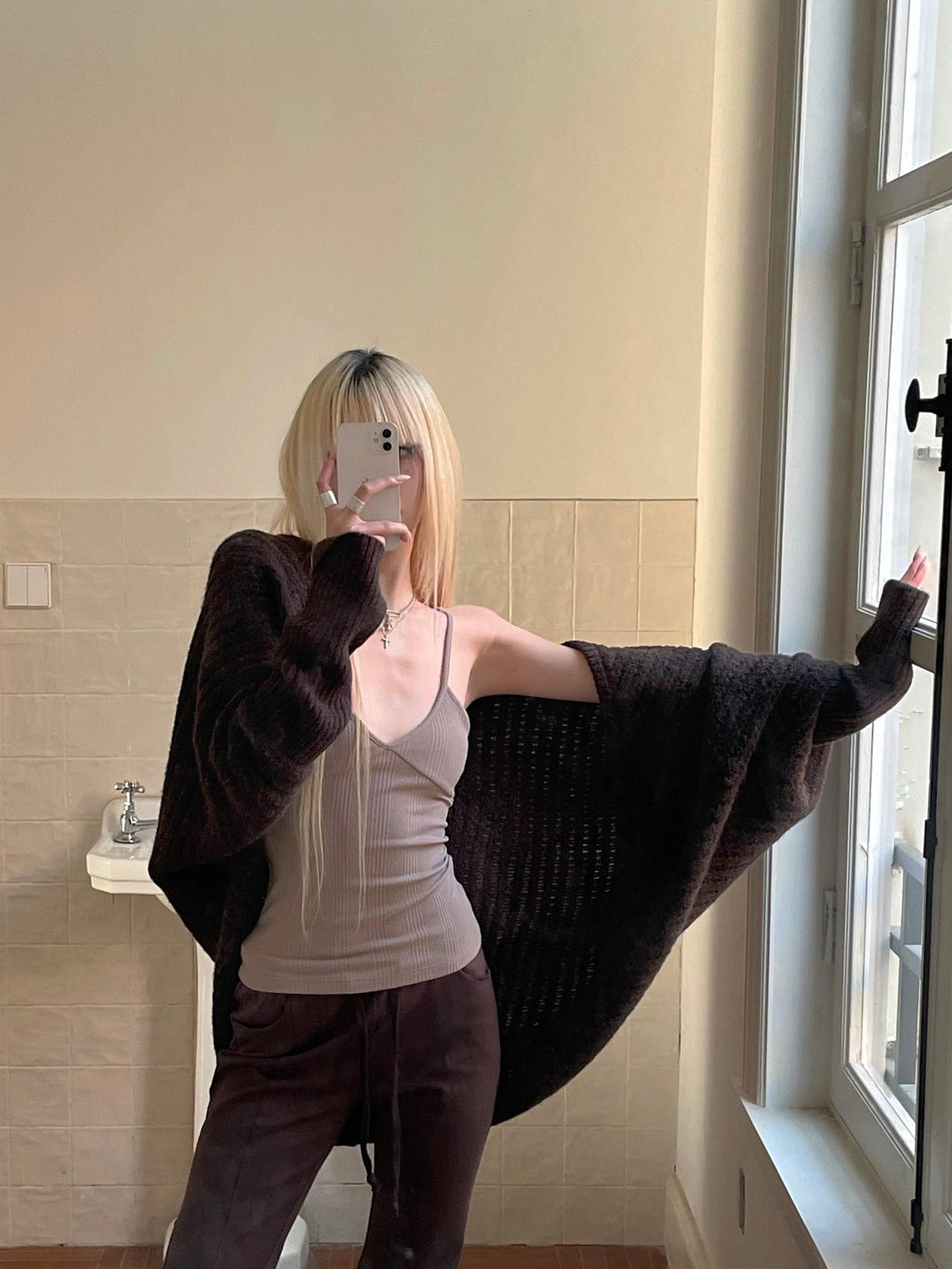 Rase le sol Caramel Batwing Sleeves Oversized Relaxed Fit Women's Knit Cardigans