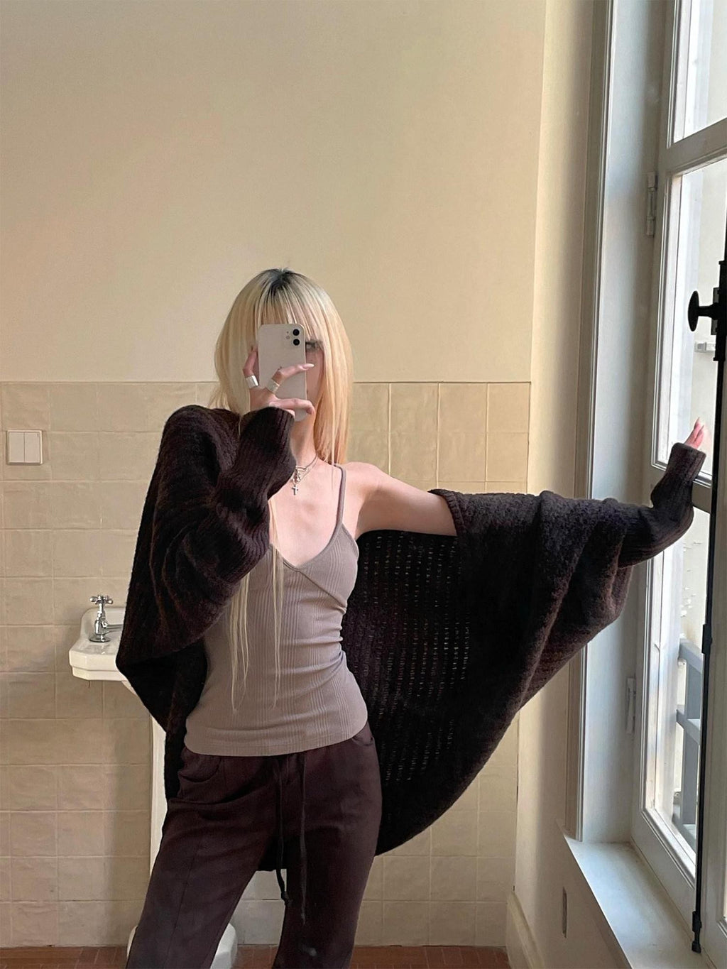 Rase le sol Caramel Batwing Sleeves Oversized Relaxed Fit Women's Knit Cardigans