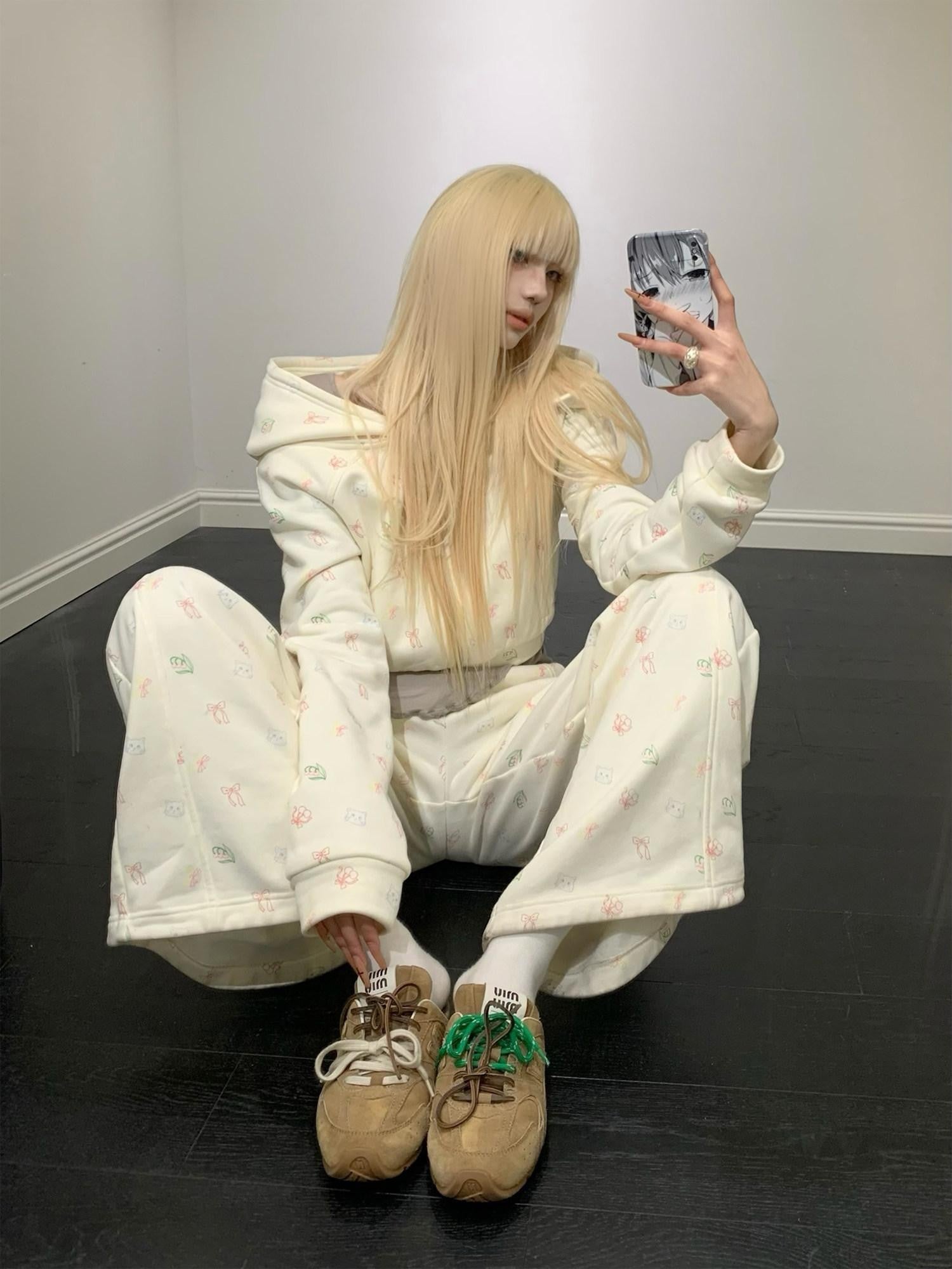 Rase le sol Cat Cartoon Print Hooded Loose Wide Leg Women's Tracksuit Sets
