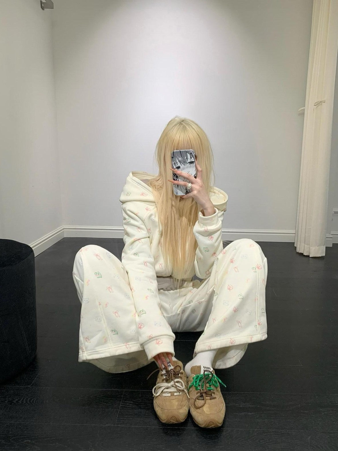 Rase le sol Cat Cartoon Print Hooded Loose Wide Leg Women's Tracksuit Sets