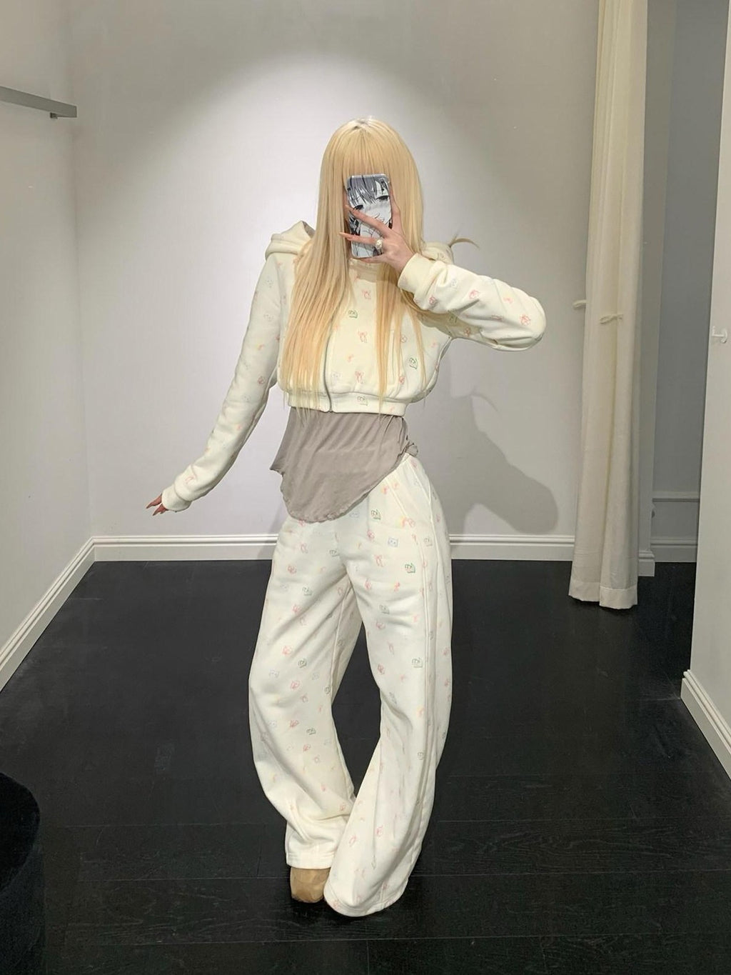Rase le sol Cat Cartoon Print Hooded Loose Wide Leg Women's Tracksuit Sets