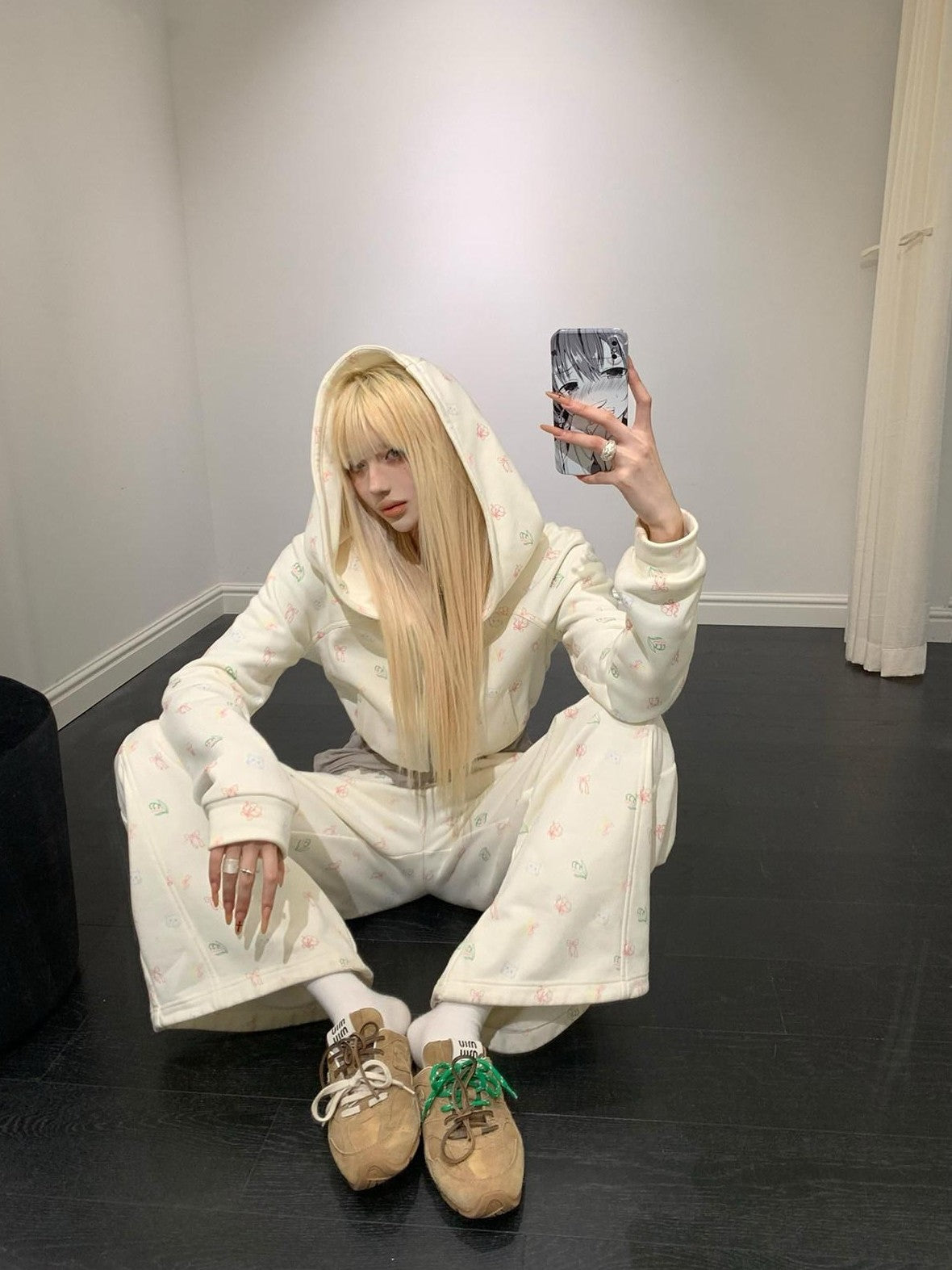 Rase le sol Cat Cartoon Print Hooded Loose Wide Leg Women's Tracksuit Sets