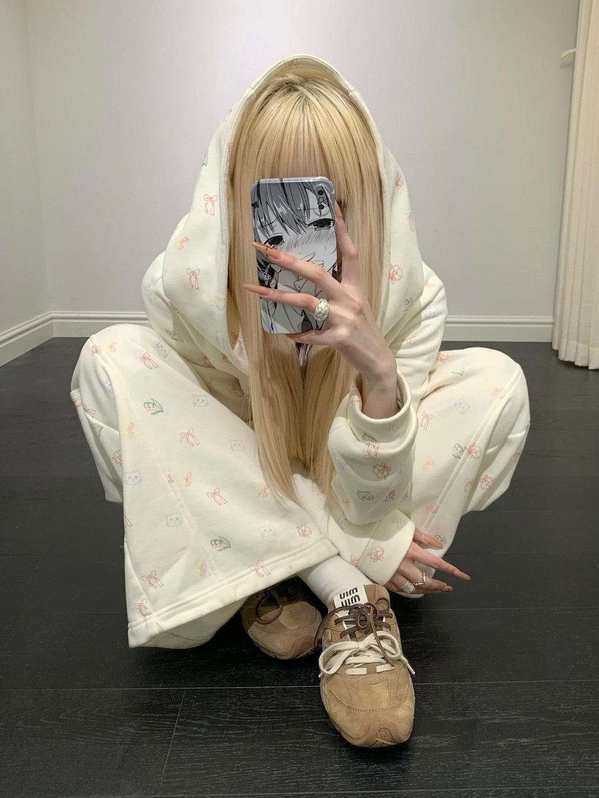 Rase le sol Cat Cartoon Print Hooded Loose Wide Leg Women's Tracksuit Sets