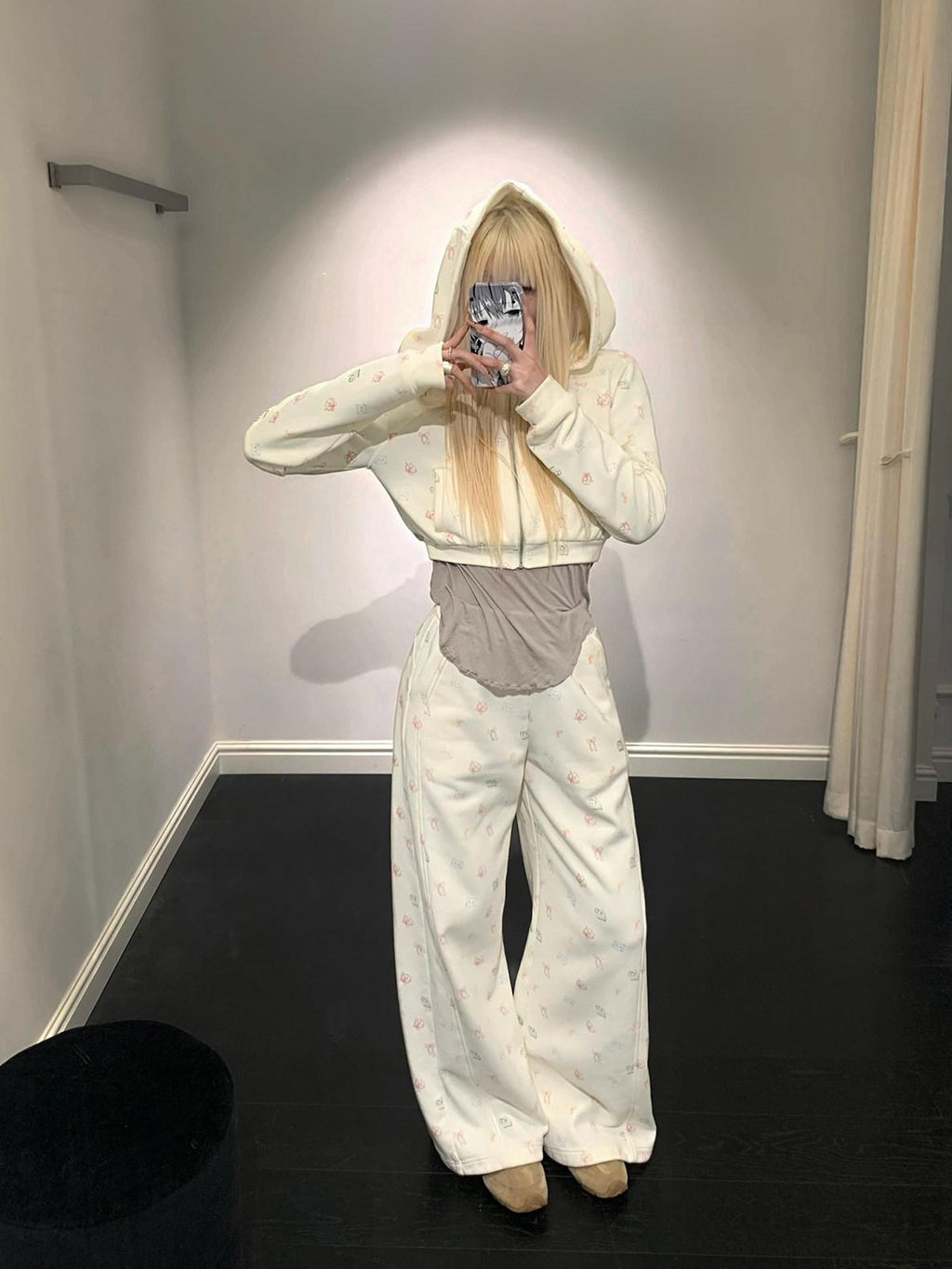 Rase le sol Cat Cartoon Print Hooded Loose Wide Leg Women's Tracksuit Sets