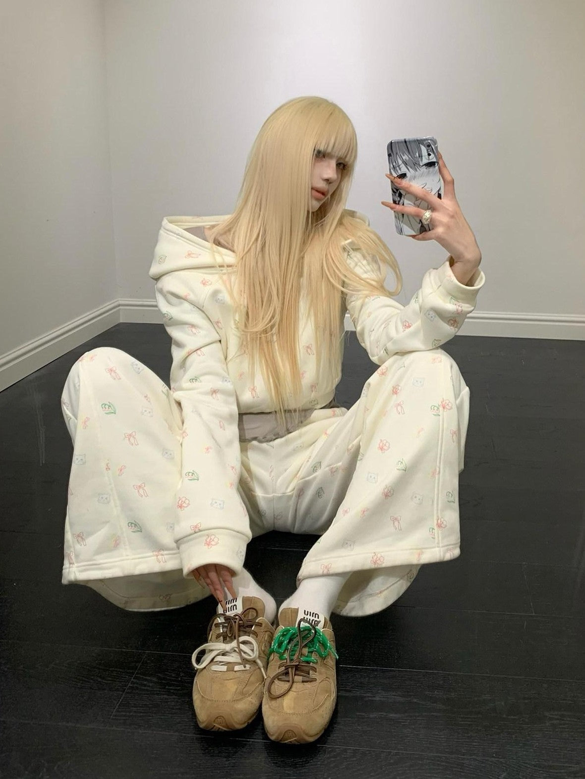 Rase le sol Cat Cartoon Print Hooded Loose Wide Leg Women's Tracksuit Sets