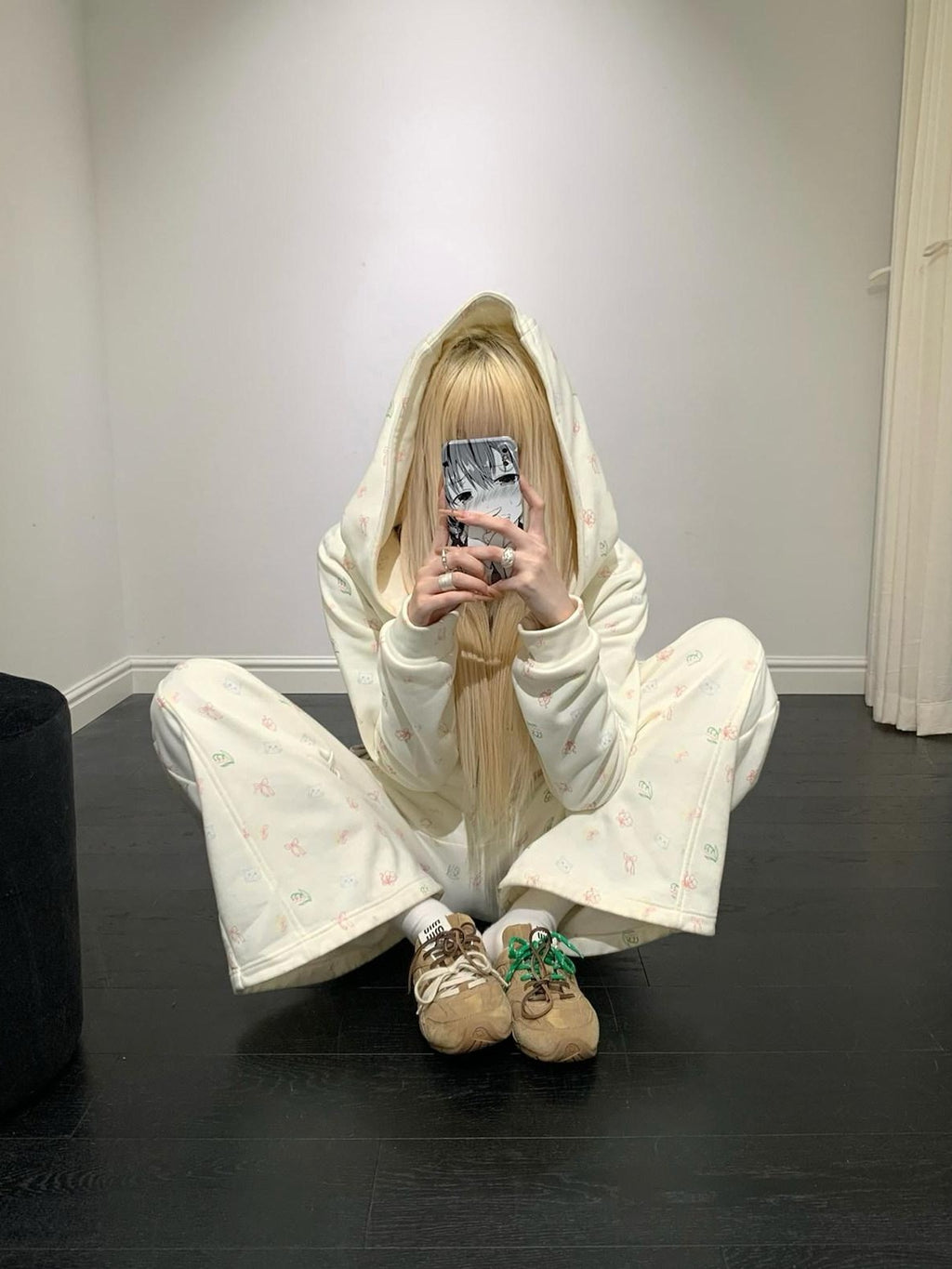 Rase le sol Cat Cartoon Print Hooded Loose Wide Leg Women's Tracksuit Sets