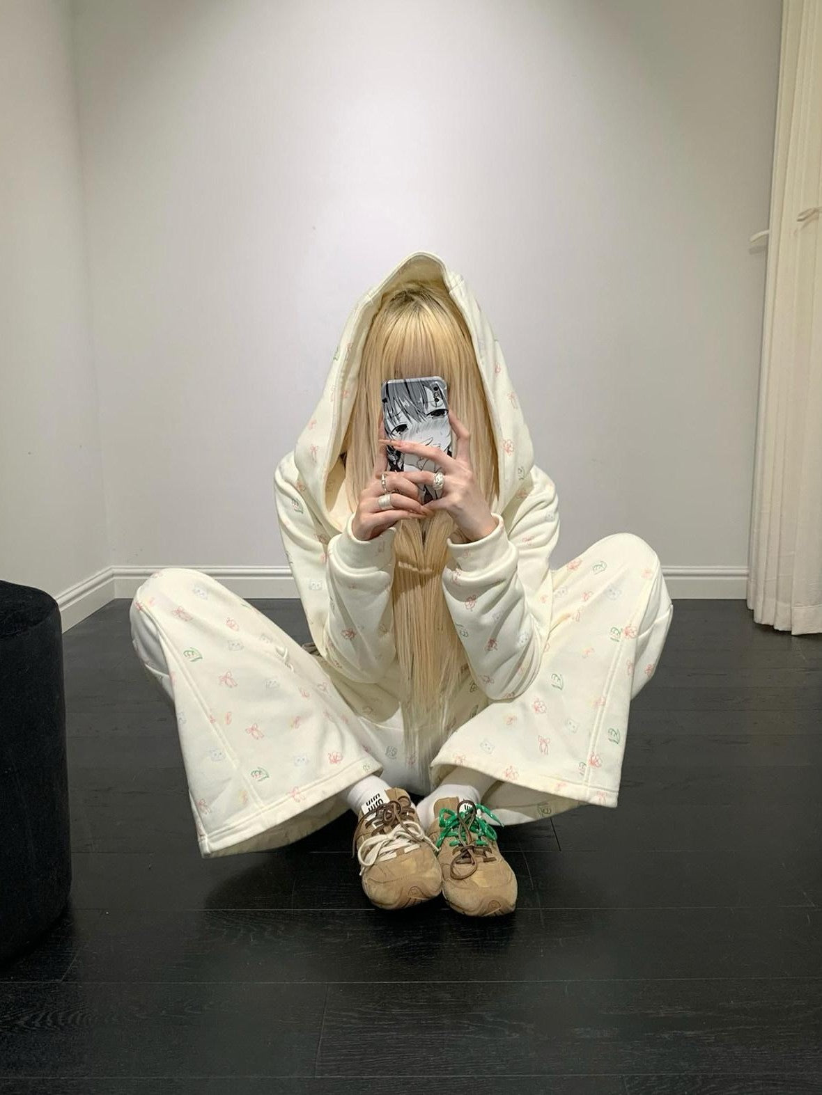 Rase le sol Cat Cartoon Print Hooded Loose Wide Leg Women's Tracksuit Sets