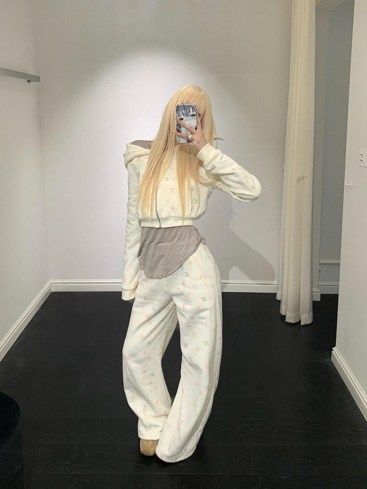 Rase le sol Cat Cartoon Print Hooded Loose Wide Leg Women's Tracksuit Sets