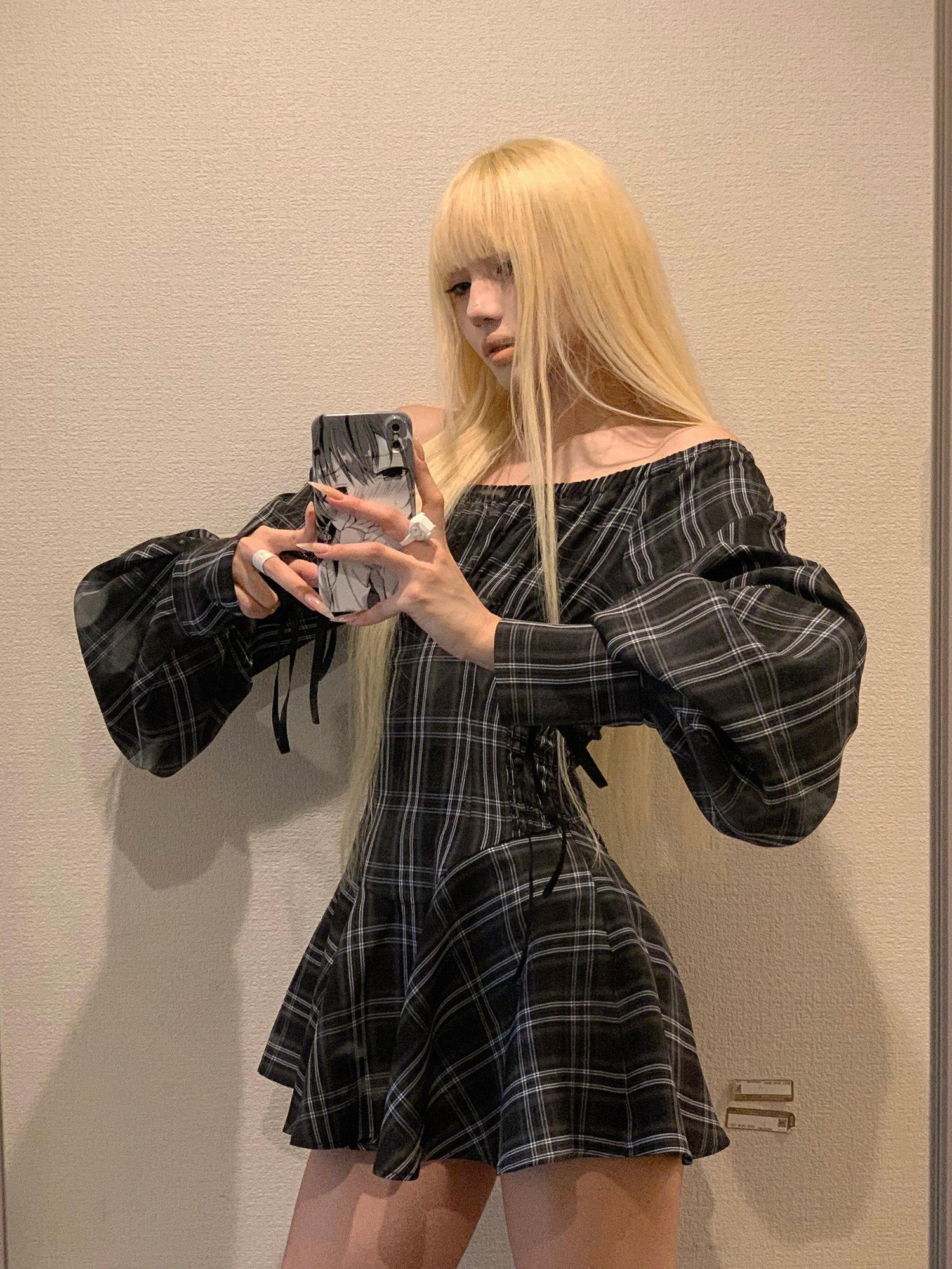 Rase le sol Checked Long Sleeve Cinched Waist Women's Off-shoulder Mini Dresses