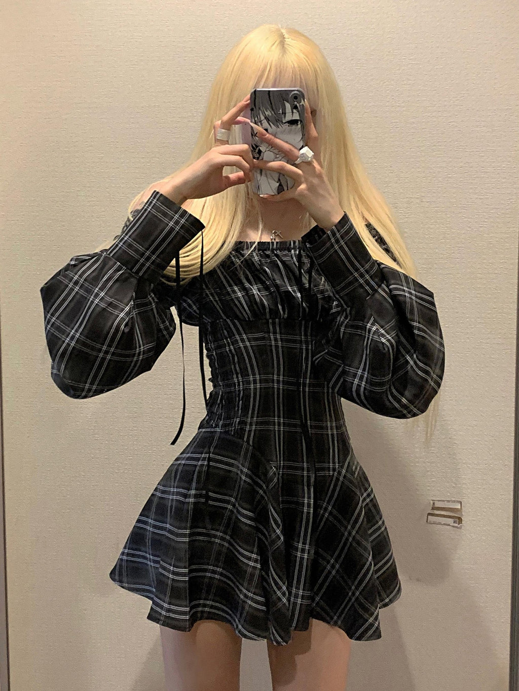 Rase le sol Checked Long Sleeve Cinched Waist Women's Off-shoulder Mini Dresses