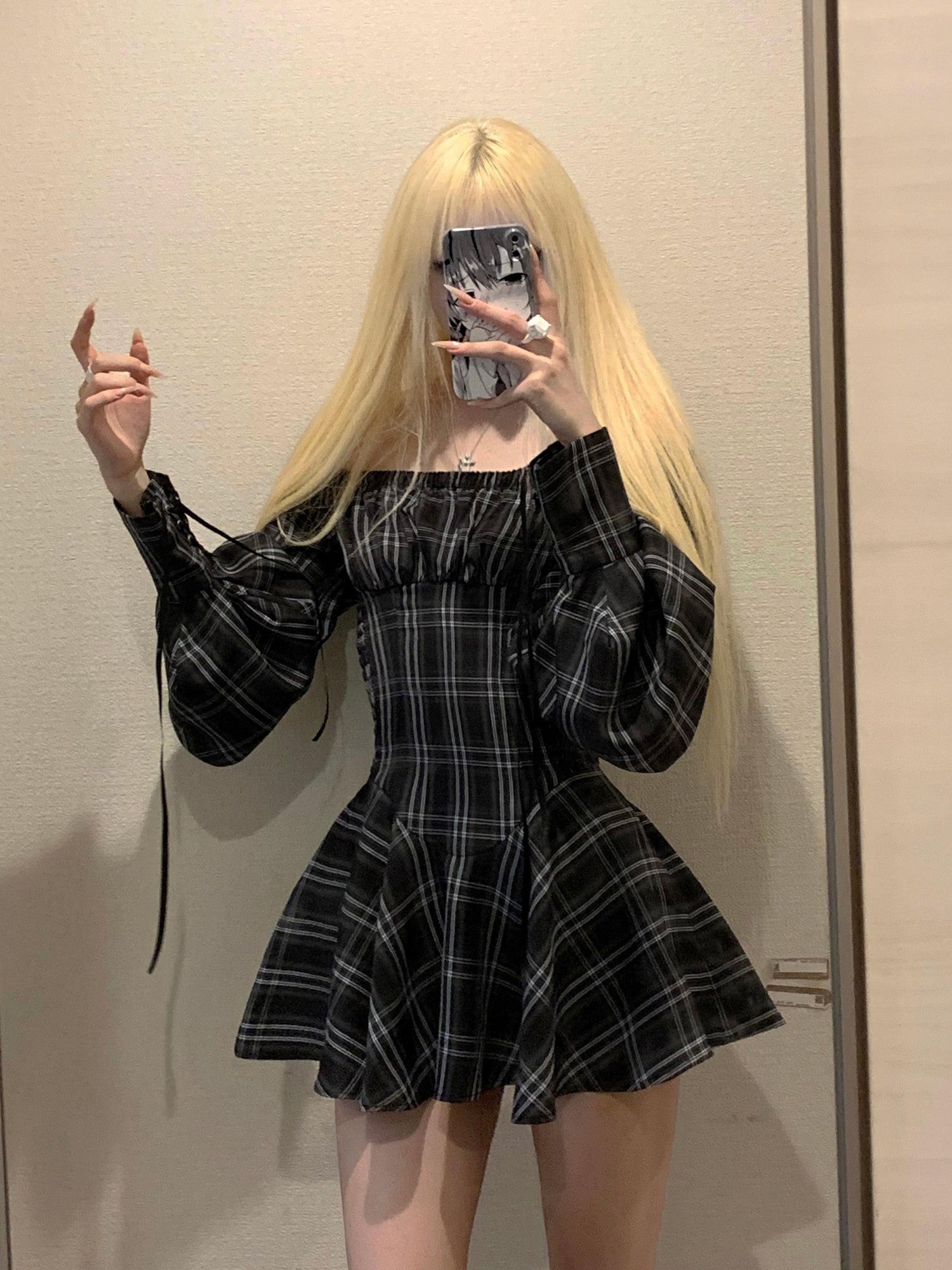 Rase le sol Checked Long Sleeve Cinched Waist Women's Off-shoulder Mini Dresses