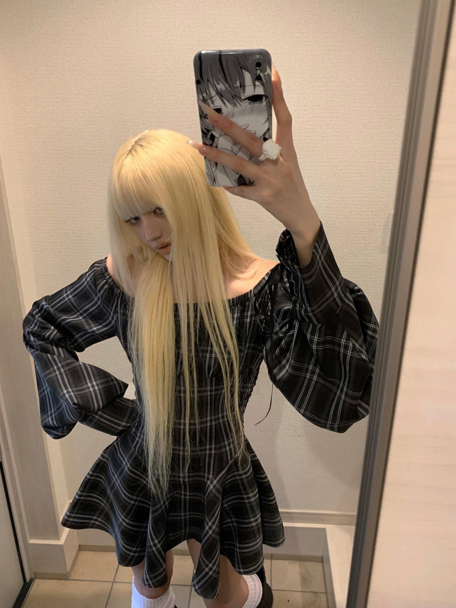 Rase le sol Checked Long Sleeve Cinched Waist Women's Off-shoulder Mini Dresses