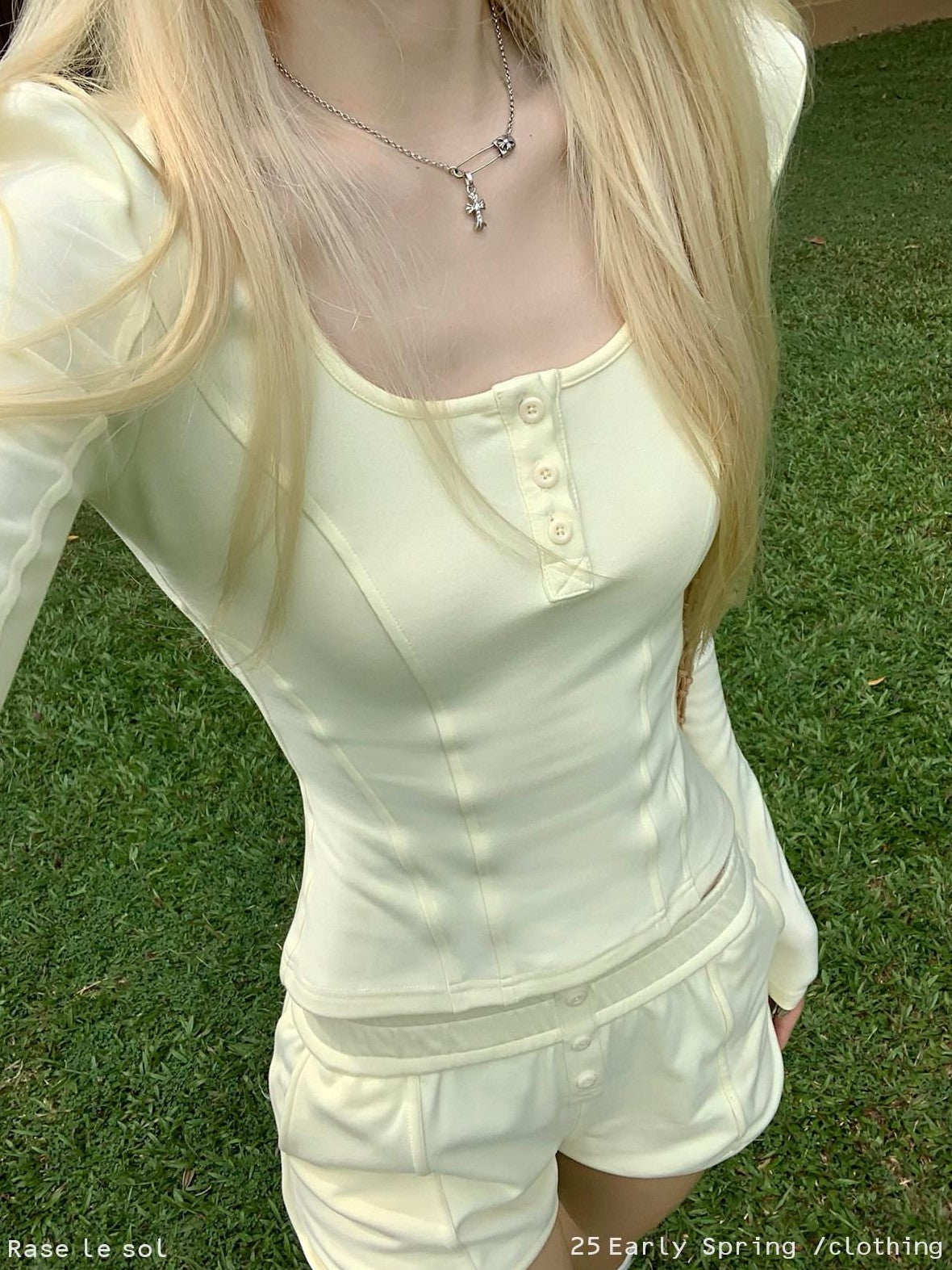 Rase le sol Cheese Yellow Long Sleeve T Shirt Hot Girl Women's Casual Top & Shorts Sets