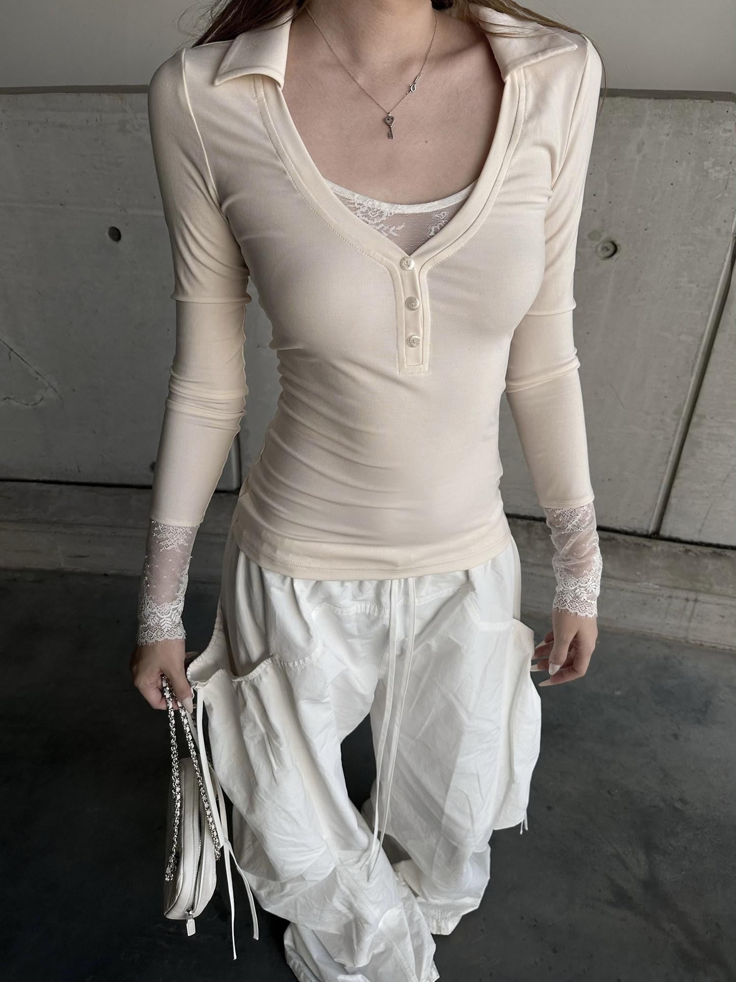 Rase le sol Cloud Dream Catcher Lace Panel Slim Fit Women's Long Sleeve T-shirts