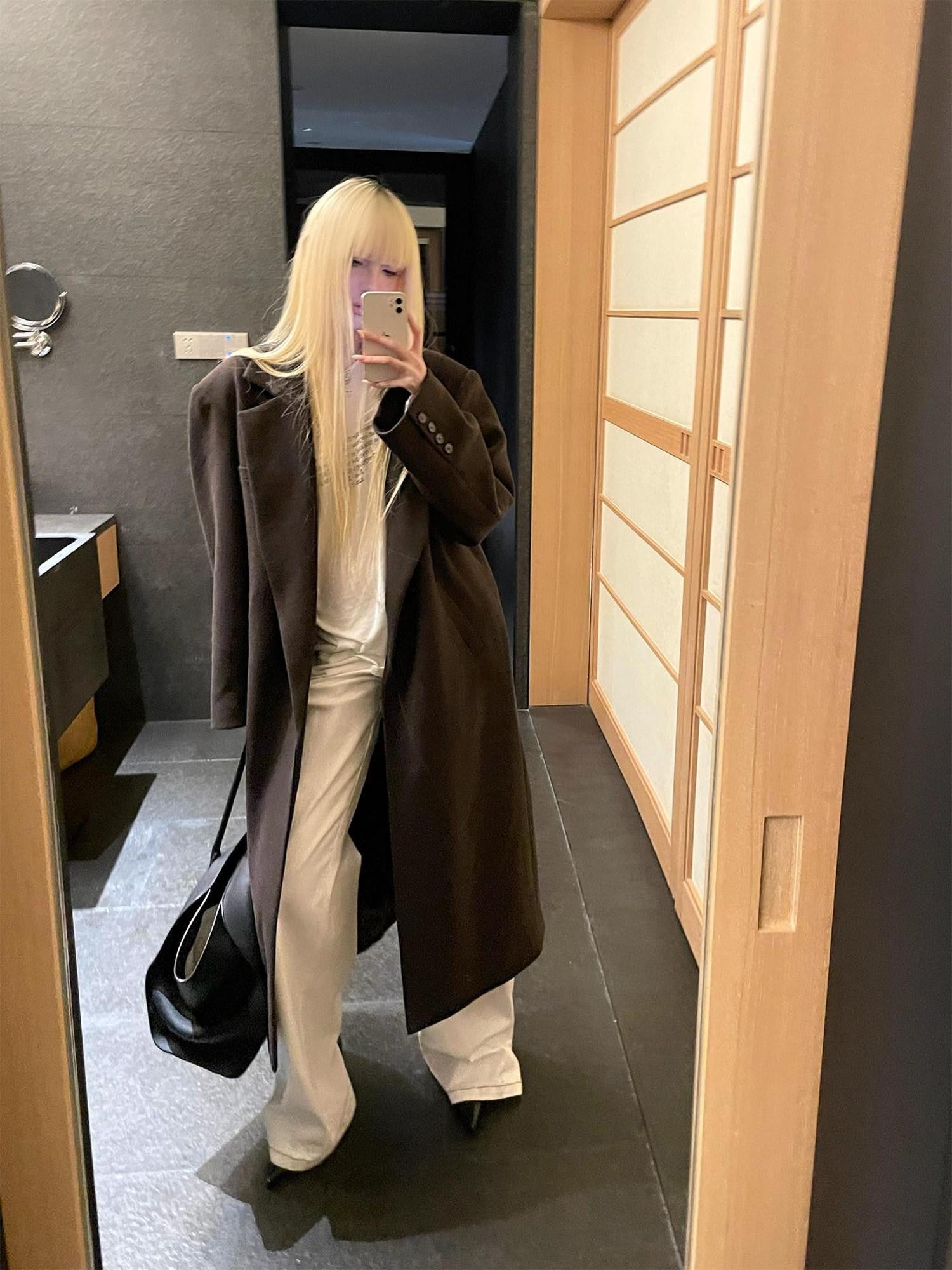 Rase le sol Coffee Brown Notched Lapel Oversized Women's Wool Long Coats