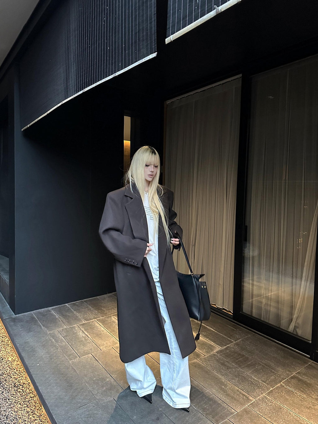 Rase le sol Coffee Brown Notched Lapel Oversized Women's Wool Long Coats