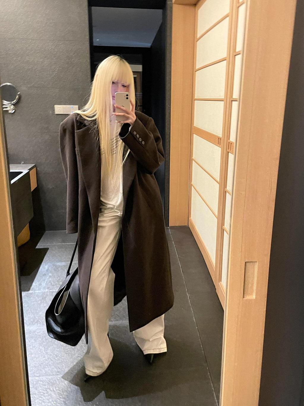 Rase le sol Coffee Brown Notched Lapel Oversized Women's Wool Long Coats